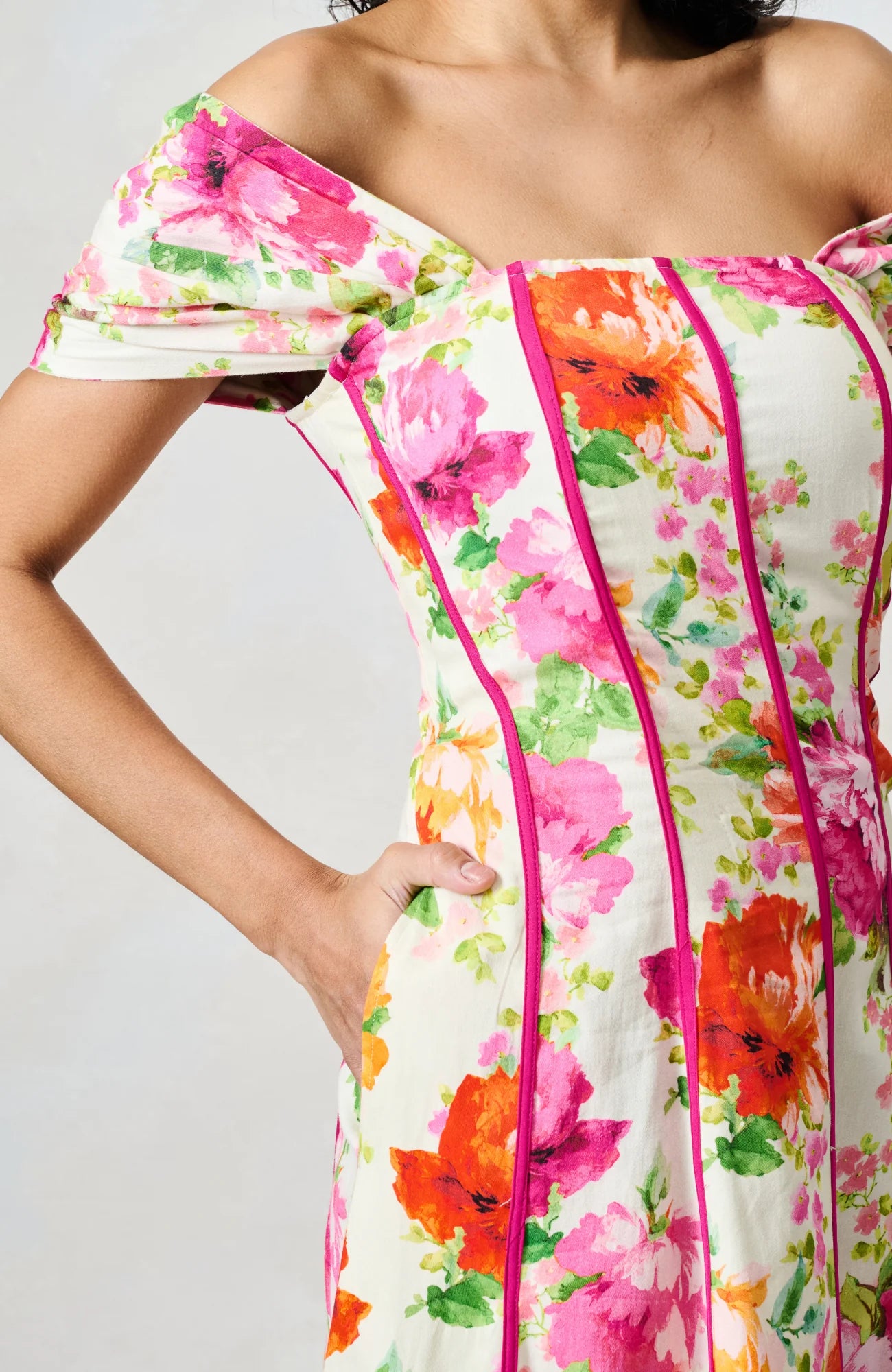 Hope &amp; Ivy The Shannon Bardot Sleeve Midi Dress In Pink Floral