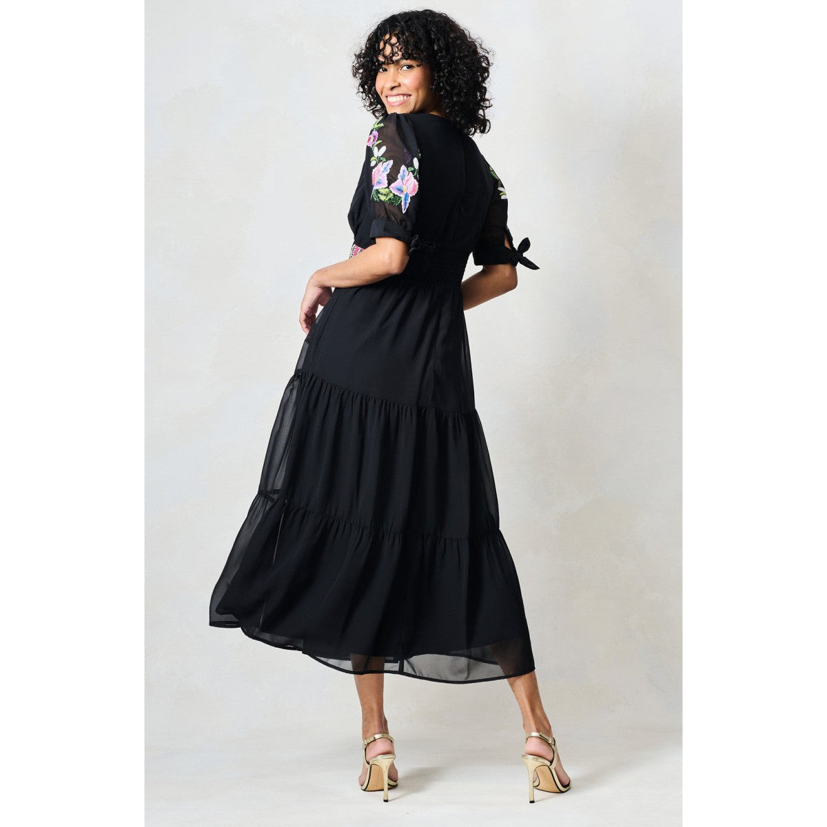 Hope &amp; Ivy The April Embroidered Tie Sleeve Midi Dress In Black