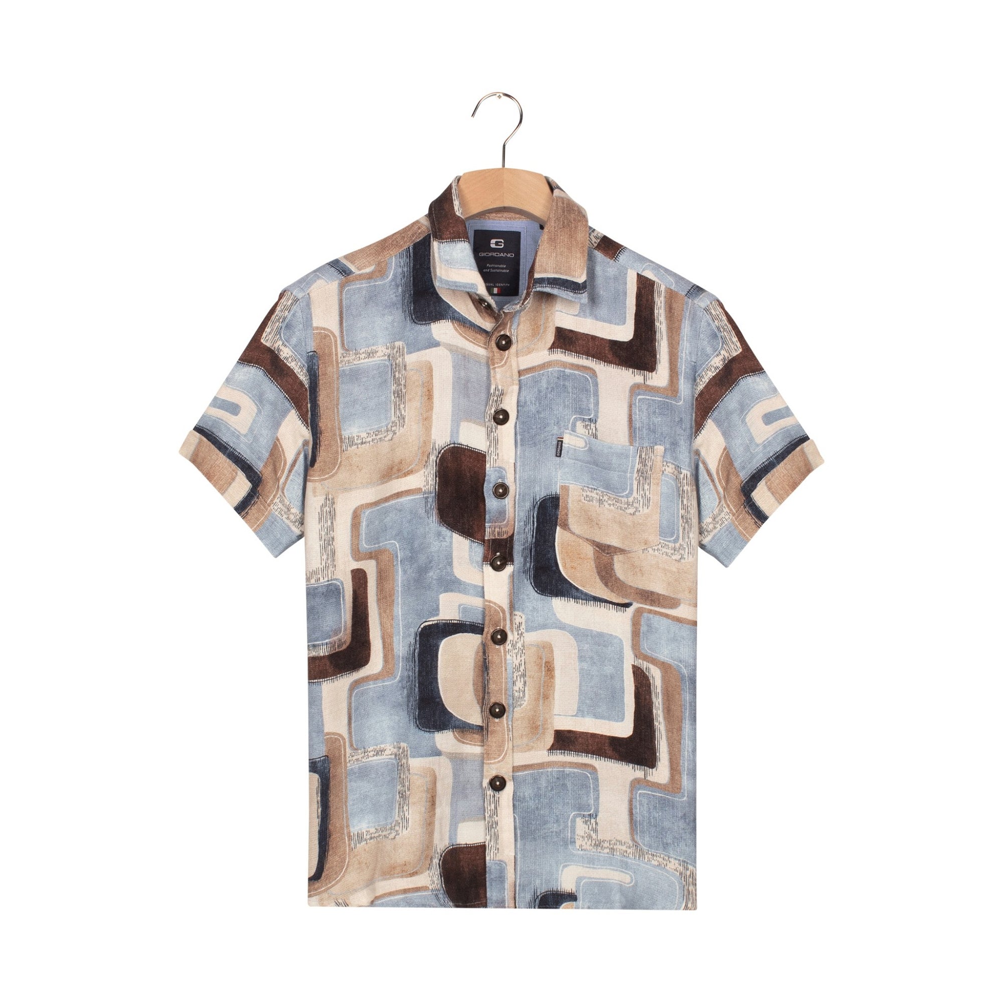 Short-sleeve shirt with geometric pattern on a hanger against a white background