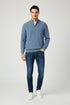 Blue sweater with a brand logo on a white background