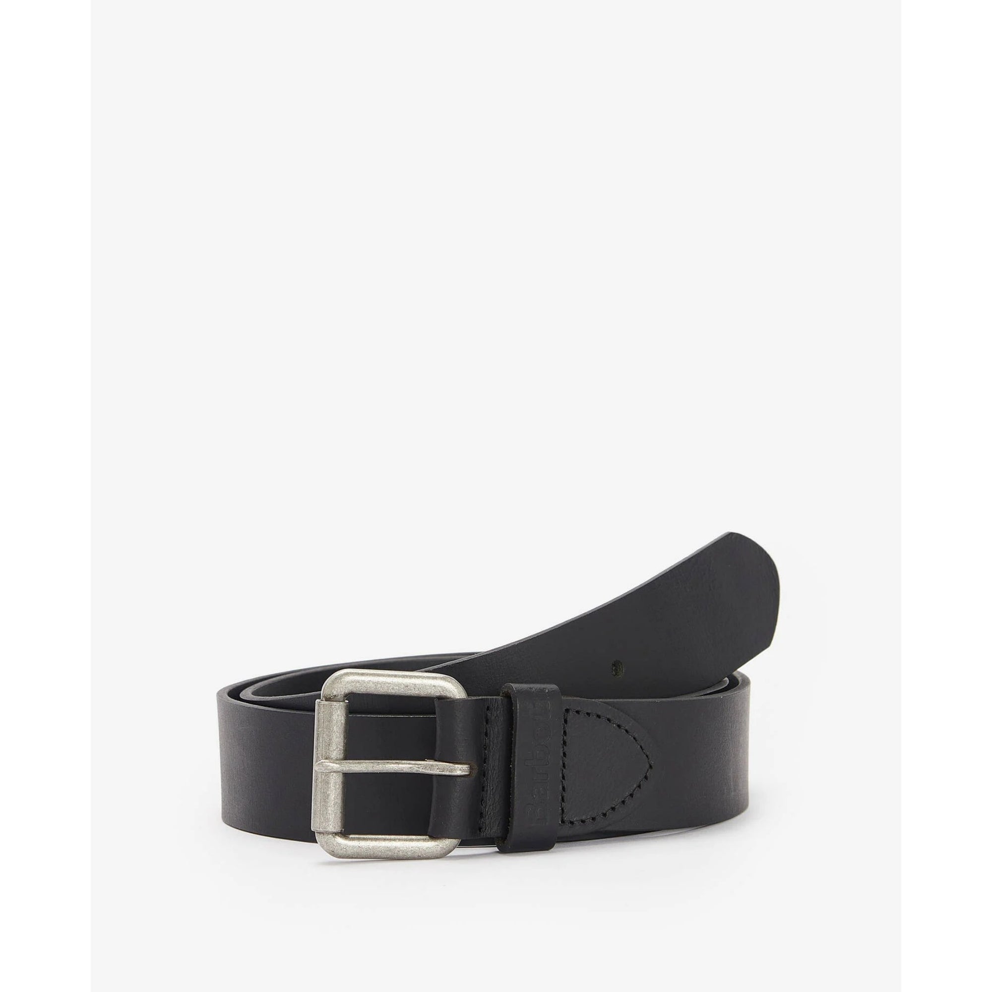Black leather belt with a silver buckle on a white background