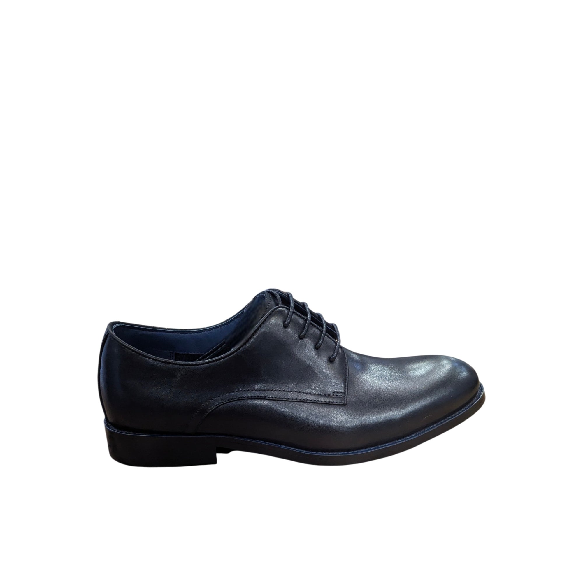 Black leather dress shoe on a white background