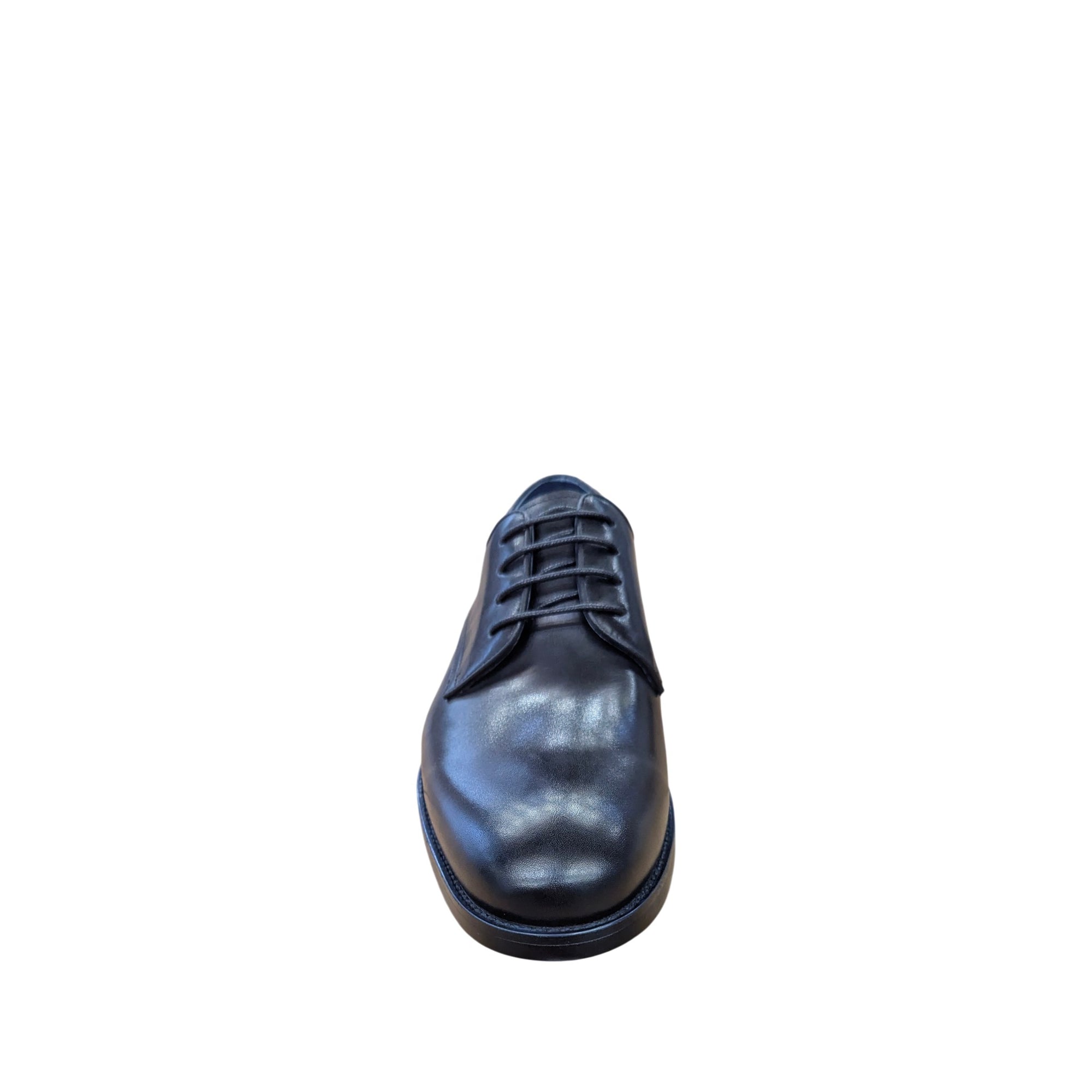 Black leather dress shoe on a white background