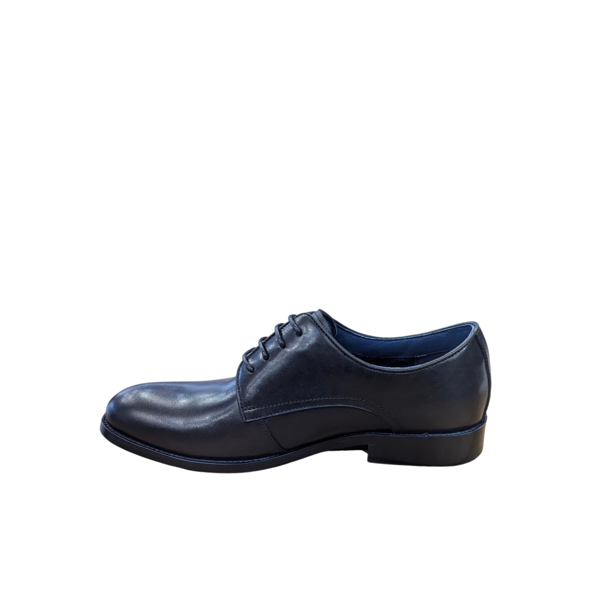 Black leather dress shoe on a white background