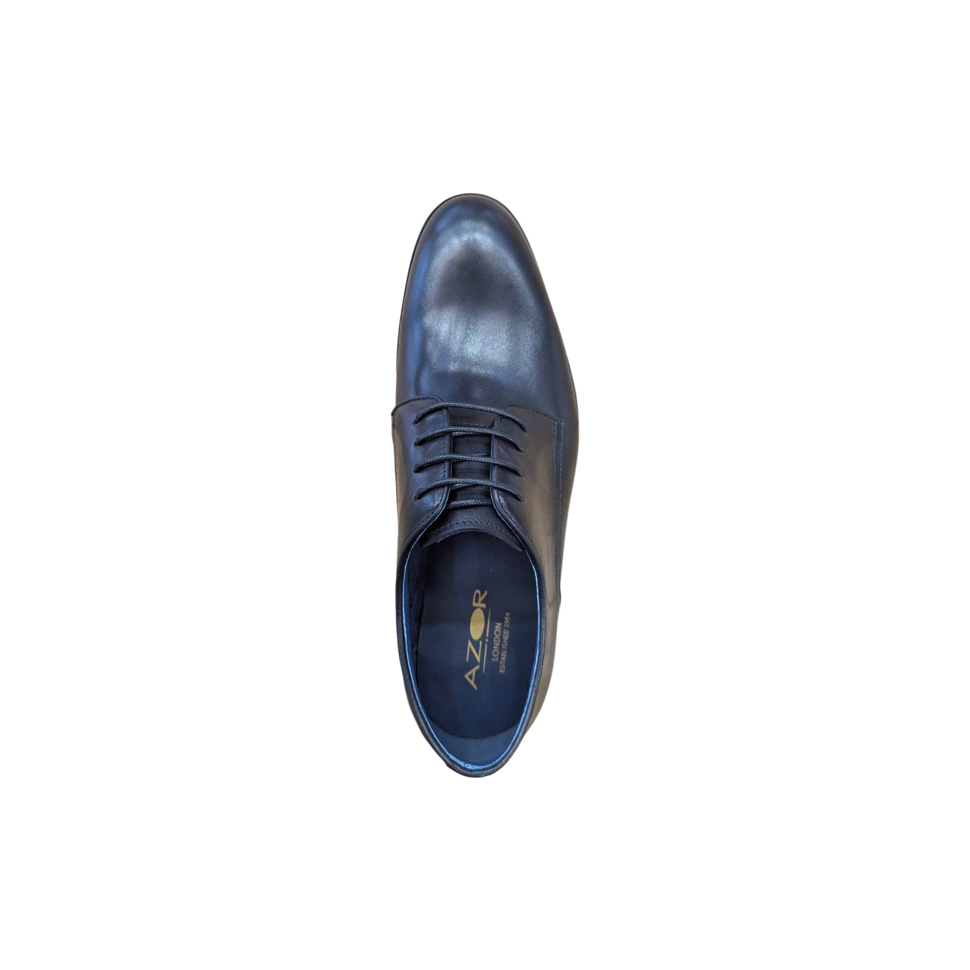 Black leather shoe with 'AZZUR' branding on a white background