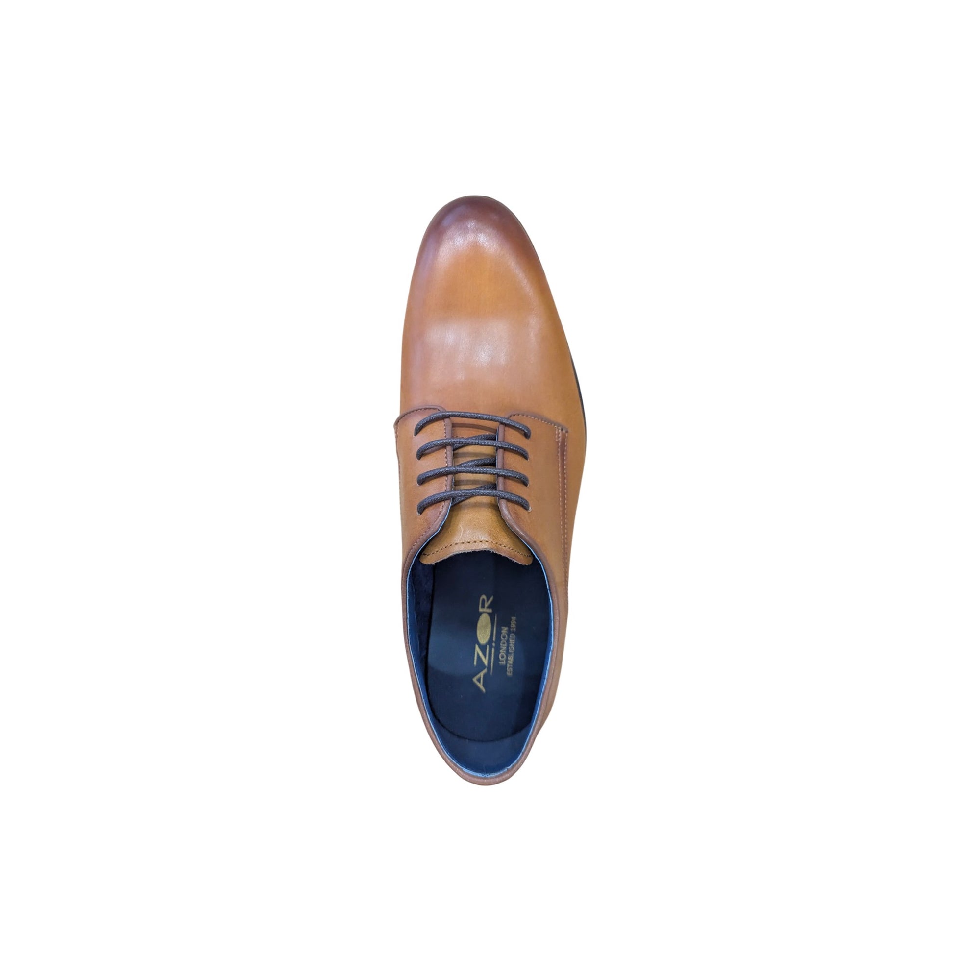 Tan leather shoe with blue lining on a white background