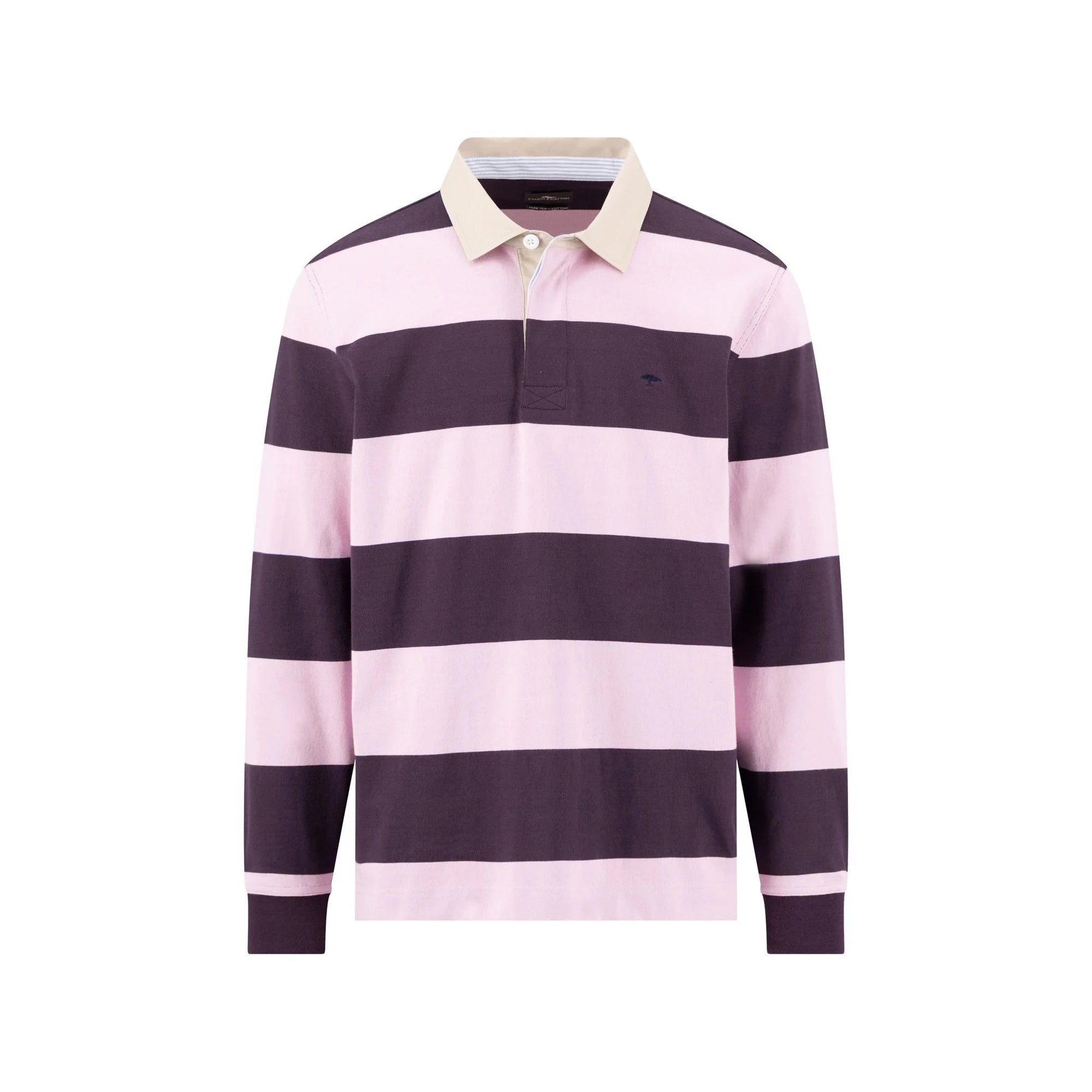 Long-sleeve polo shirt with purple and pink stripes on a white background