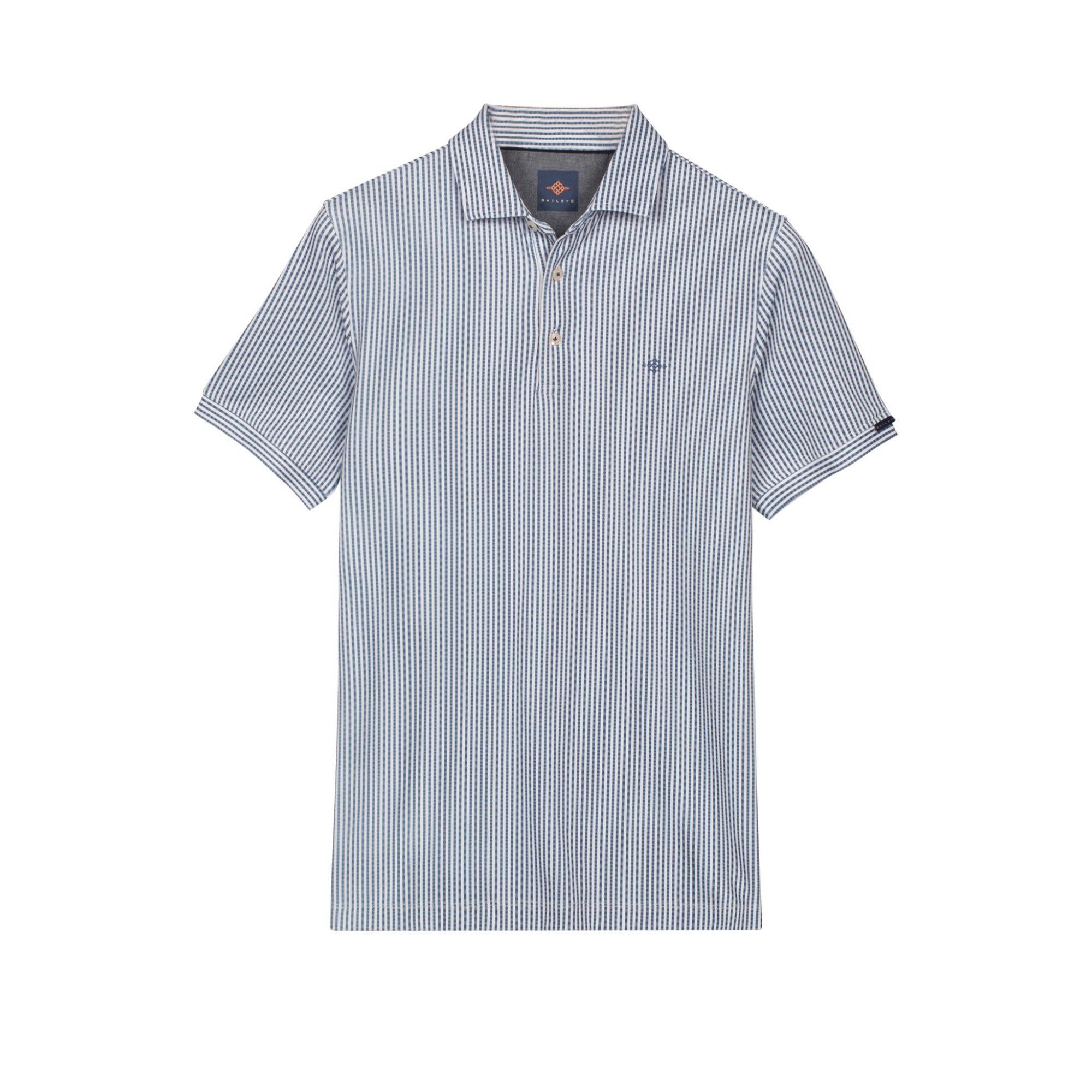 Blue and white striped polo shirt on a white background