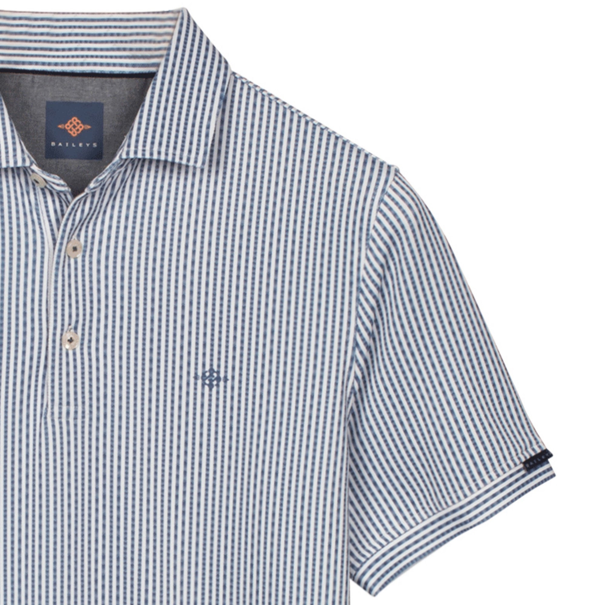 Blue and white striped polo shirt with brand logo on a white background