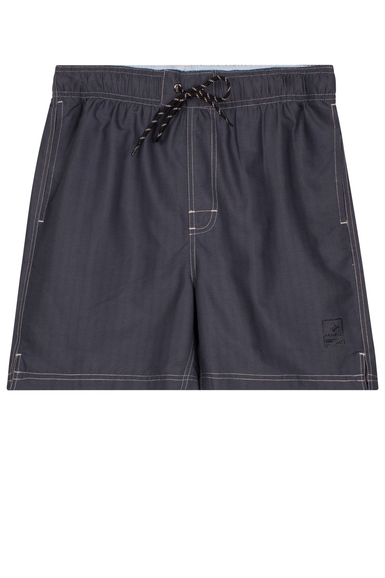 Dark gray shorts with a drawstring on a white background