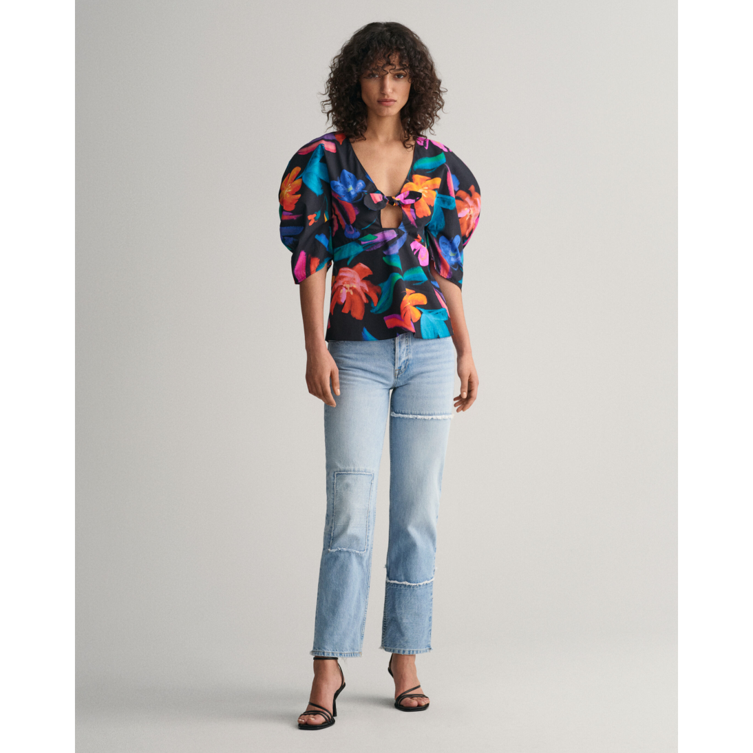 GANT Floral Print Volume Sleeve Blouse Ebony Black