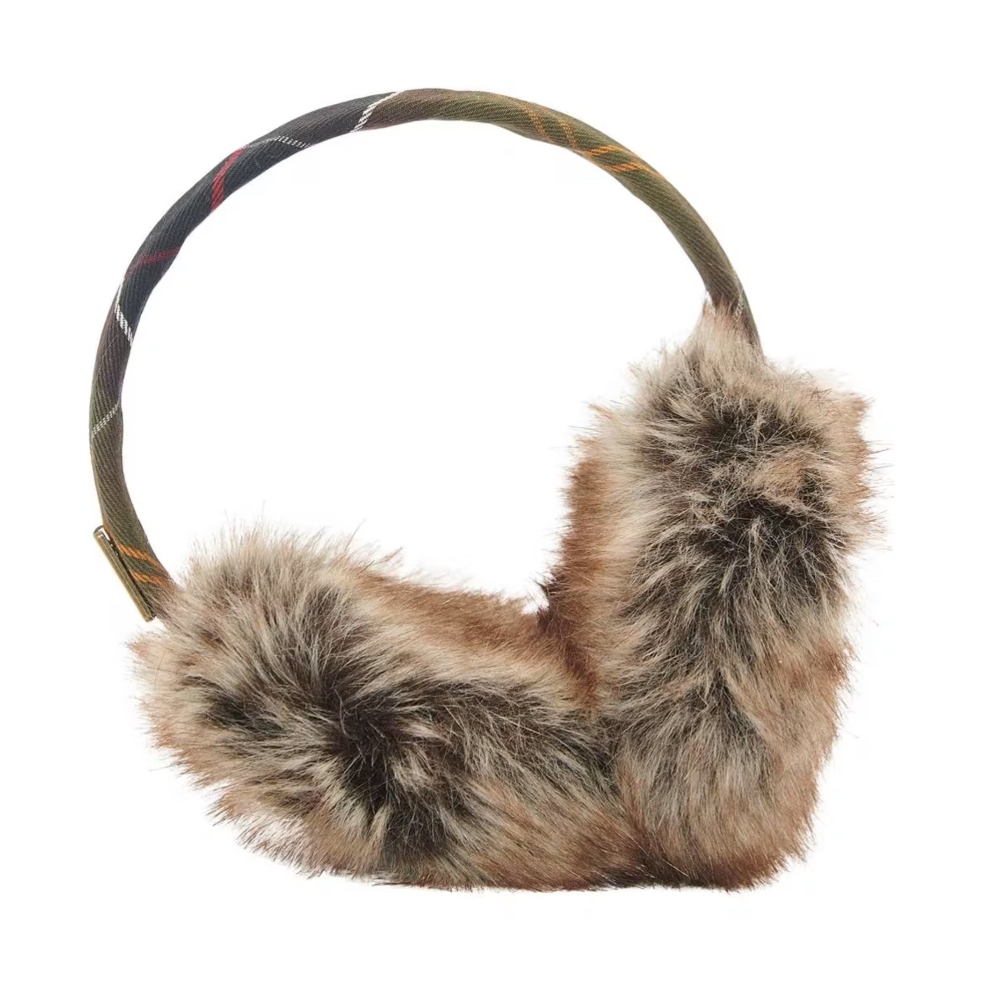 Furry ear muffs with plaid headband on a white background
