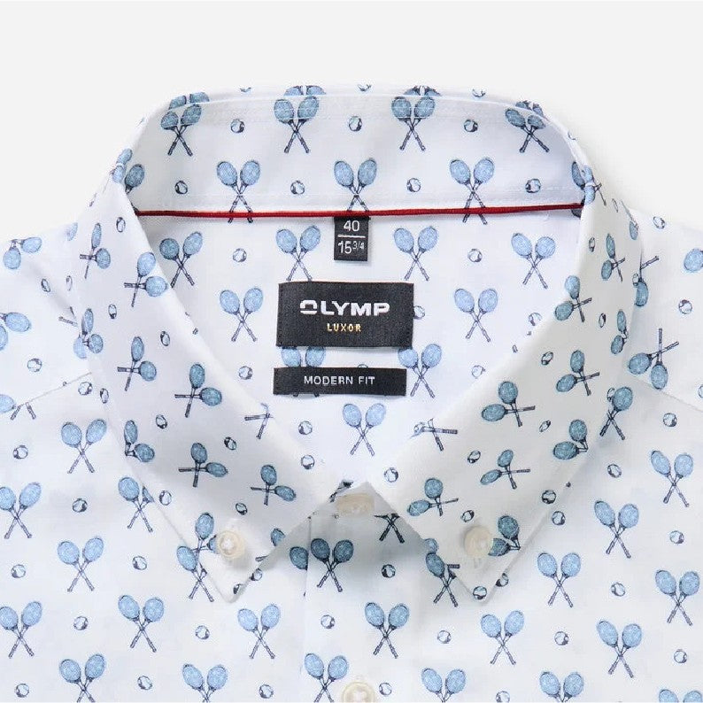 White shirt with blue tennis racket pattern and Olymp label on a white background