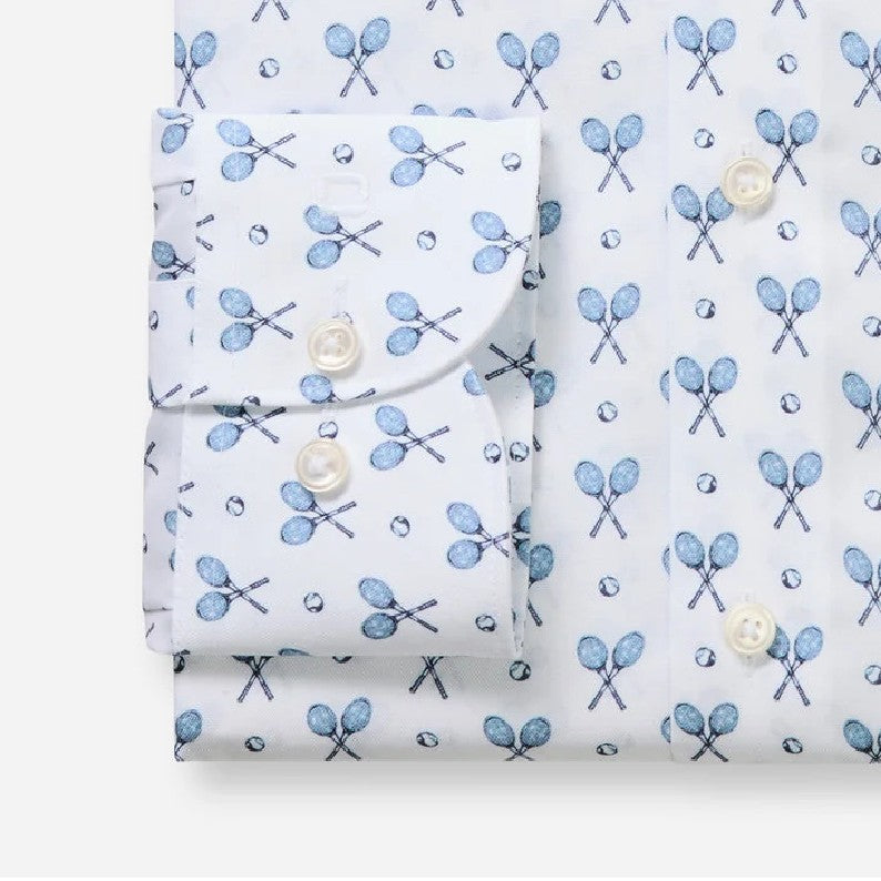Folded shirt with blue and gray pattern on a matching fabric background