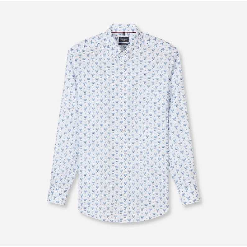 White shirt with small blue floral pattern on a white background