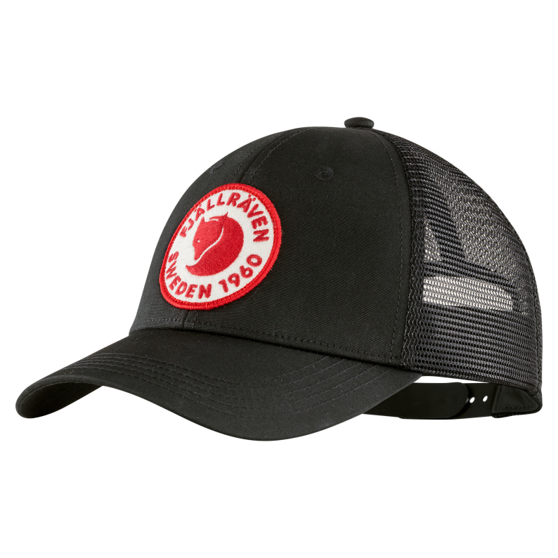 Black cap with a red logo on a white background