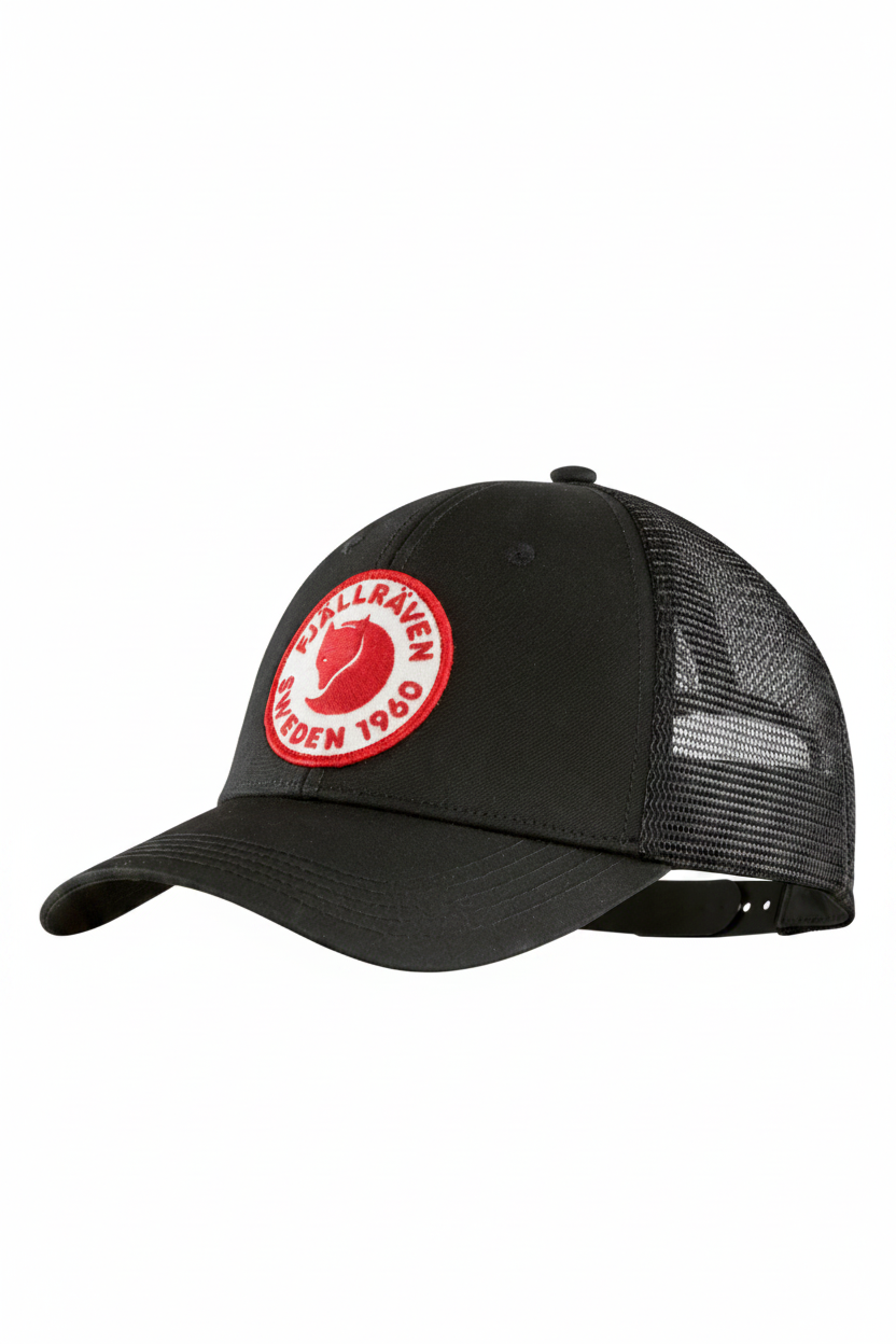 Black cap with a red logo on a white background