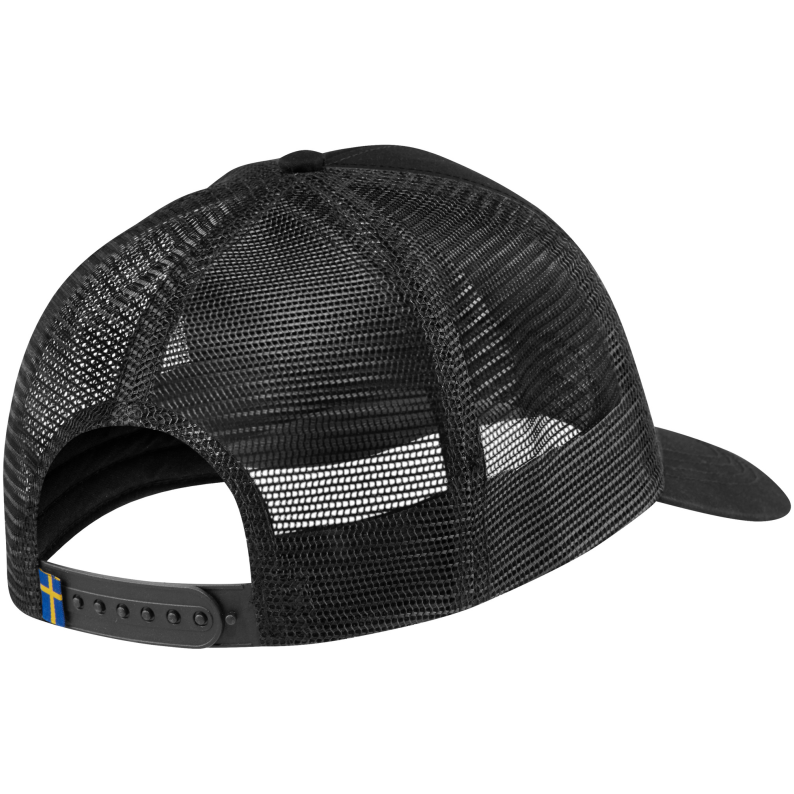 Black mesh cap with a small logo on a white background