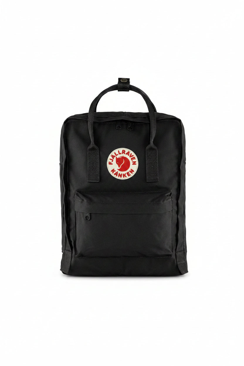 Black backpack with Fjällräven Kånken logo on a white background