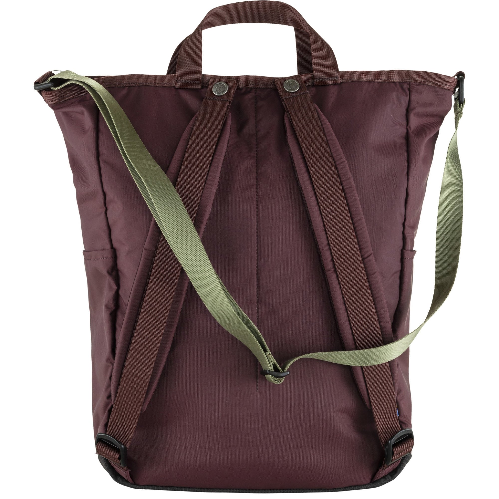 Brown backpack with a green strap on a white background