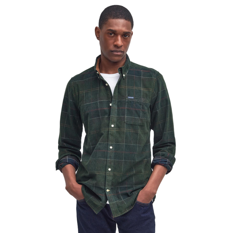 Man wearing a green Barbour plaid shirt