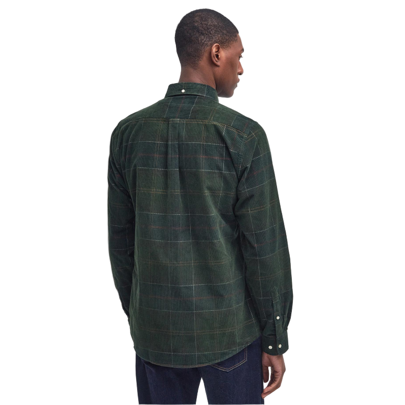 Man wearing a green Barbour plaid shirt back view