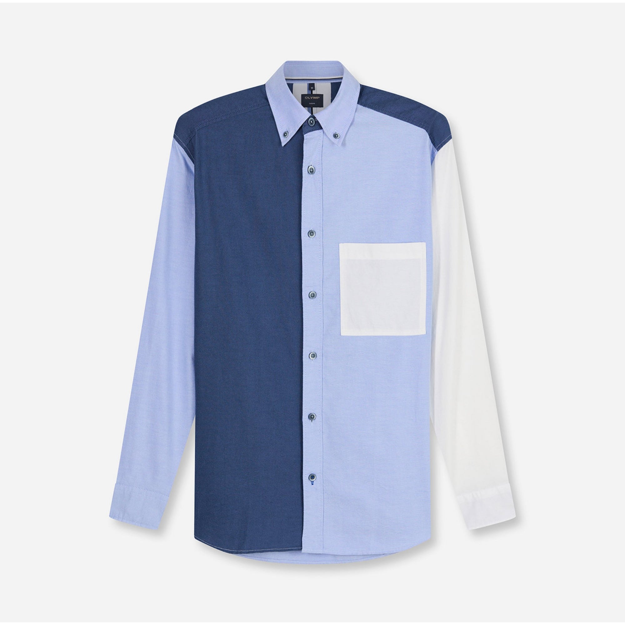 Color-blocked shirt with blue, white, and navy sections on a white background