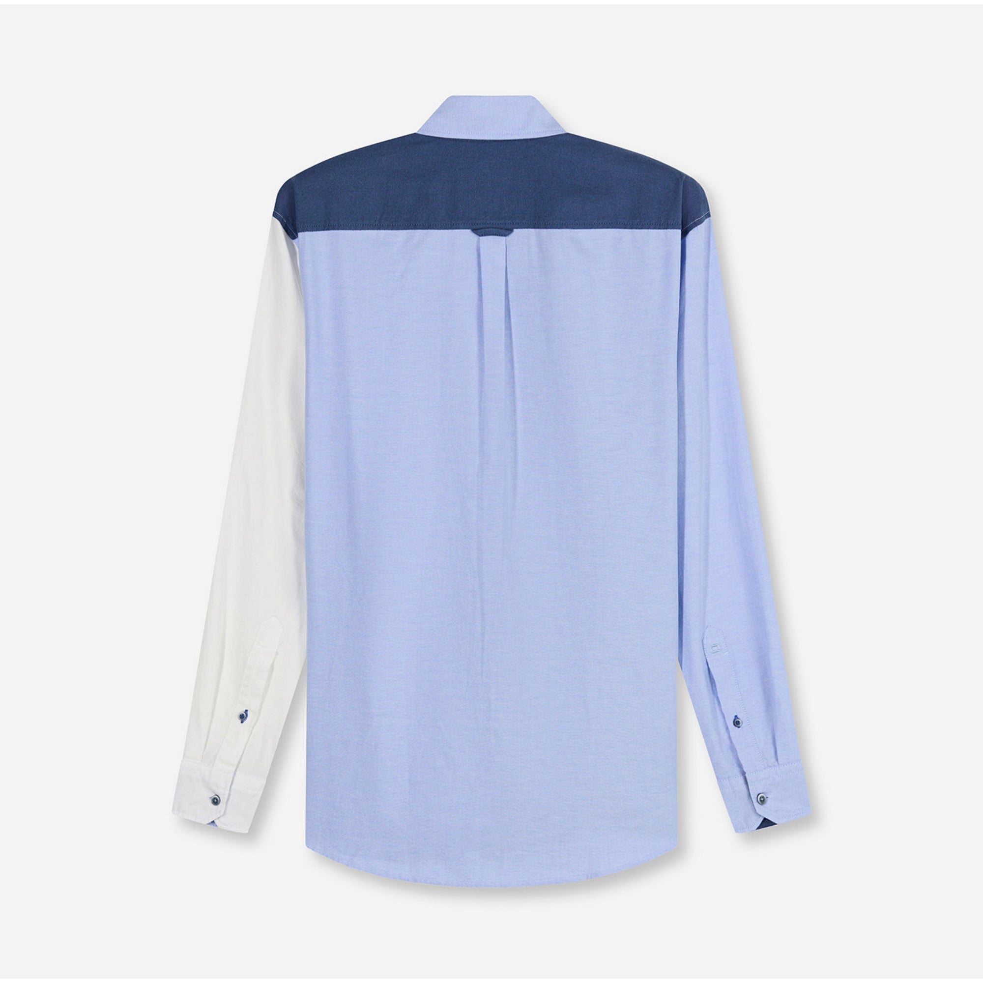 Blue and white shirt with a visible brand logo on a white background