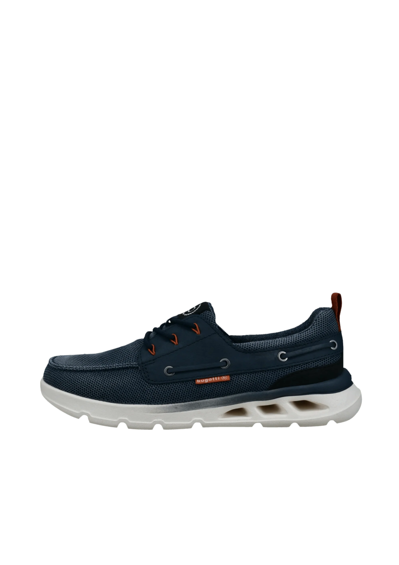 A navy blue slip-on sneaker with a textured fabric upper, lace-up front, and a thick white sole with a visible air cushion system, shown against a plain white background.