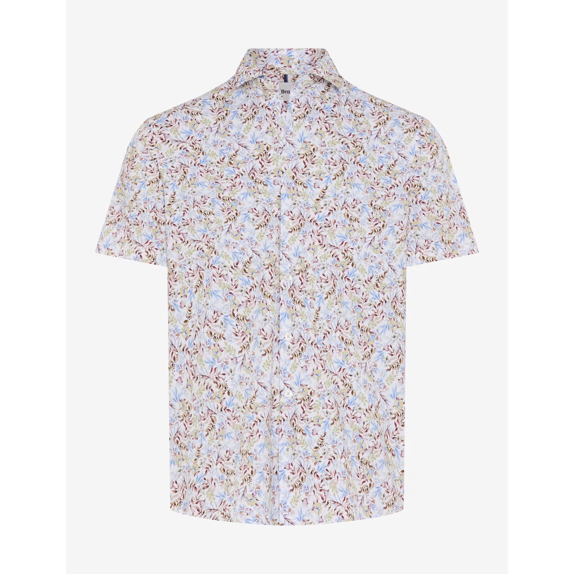 Short-sleeve shirt with a floral pattern on a white background