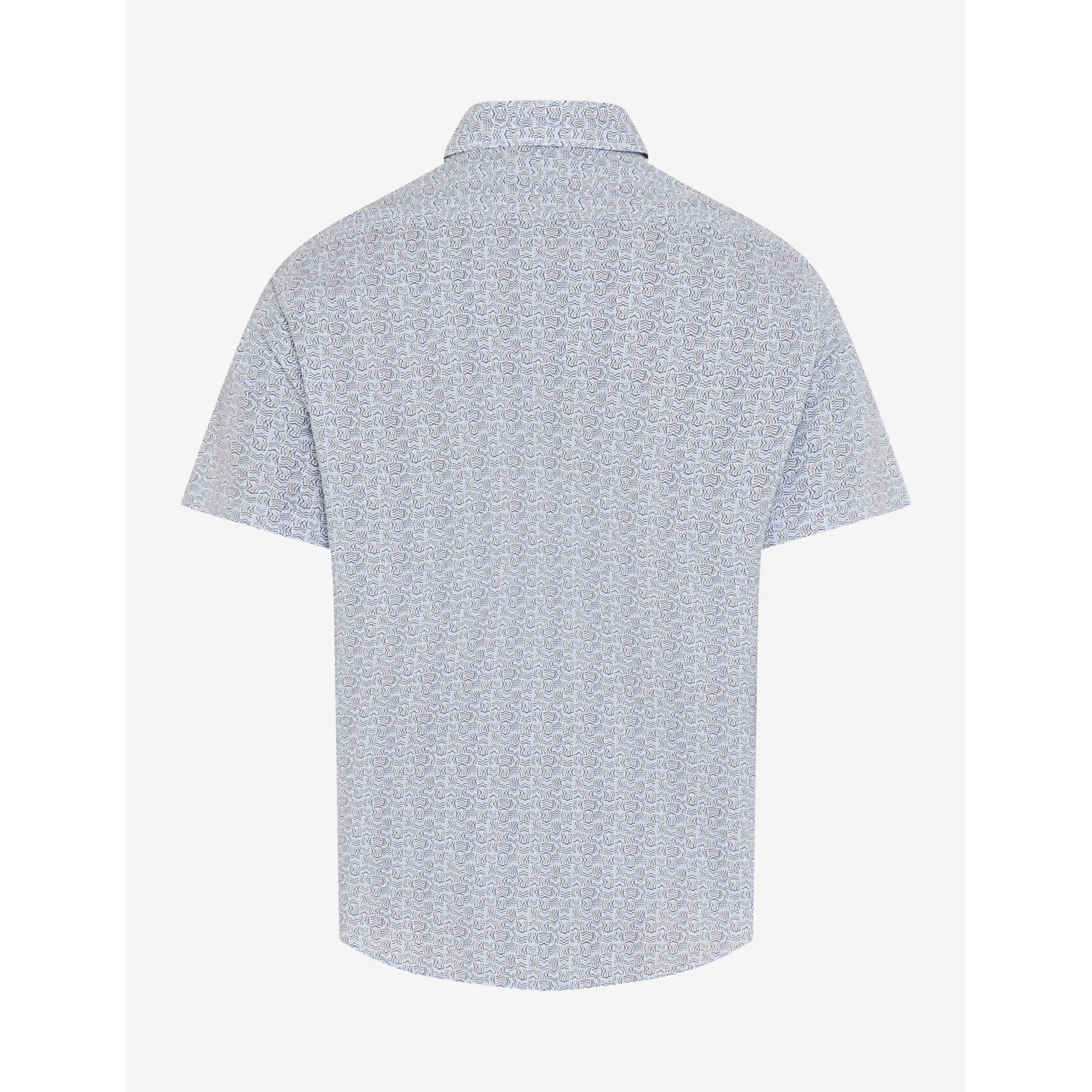 Back view of a light blue patterned polo shirt on a white background