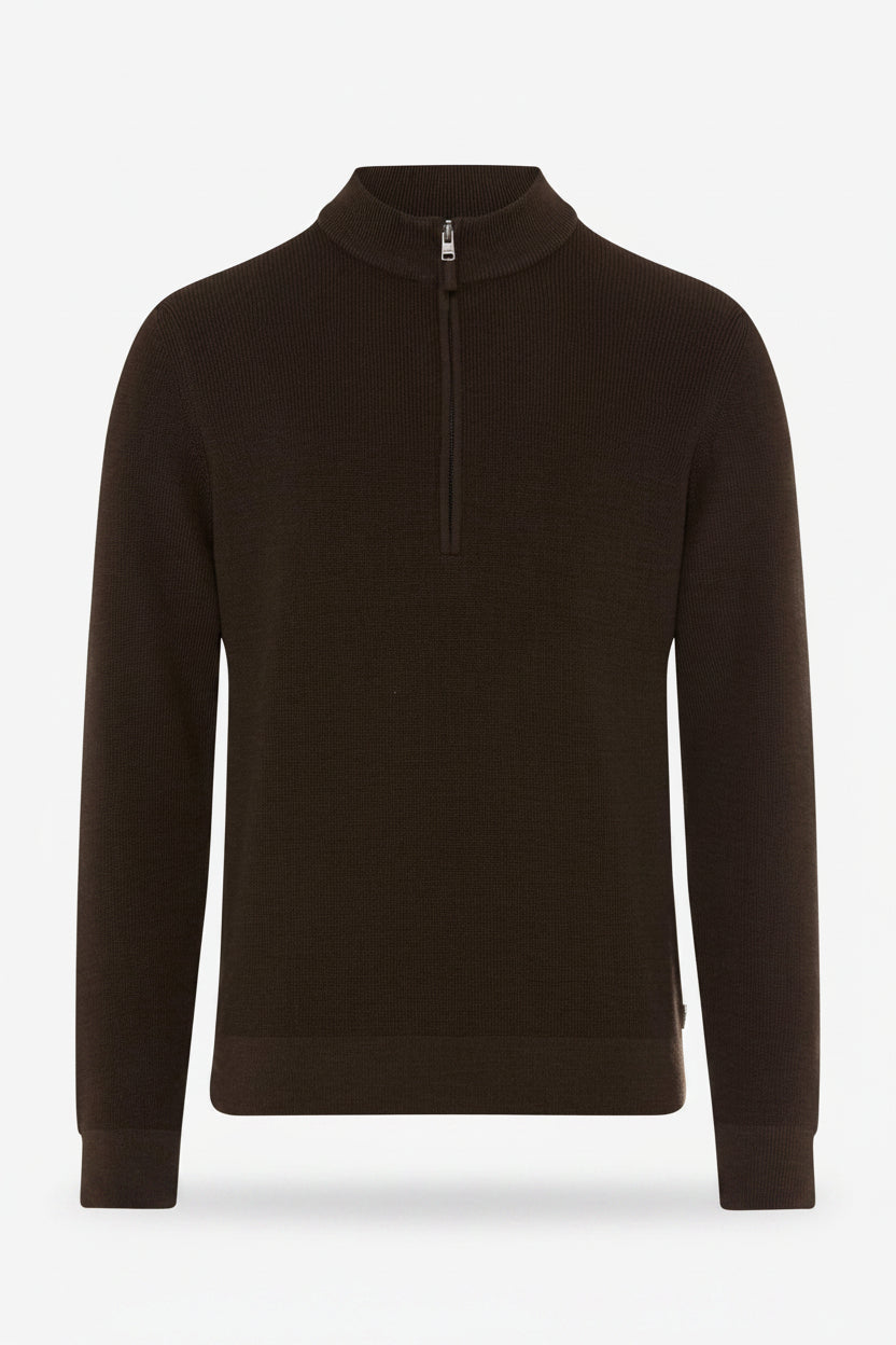 Brax Steffen Knitted Half Zip Sweater in Chocolate Brown
