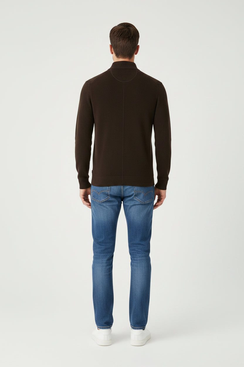 Brax Steffen Knitted Half Zip Sweater in Chocolate Brown