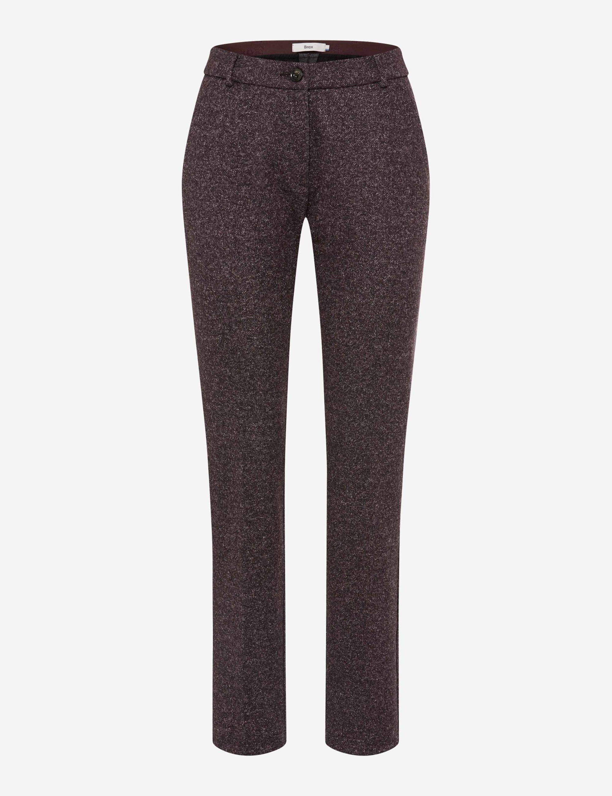 A pair of women's straight-leg trousers in a dark, heathered charcoal-brown tweed fabric, shown against a plain light gray background.