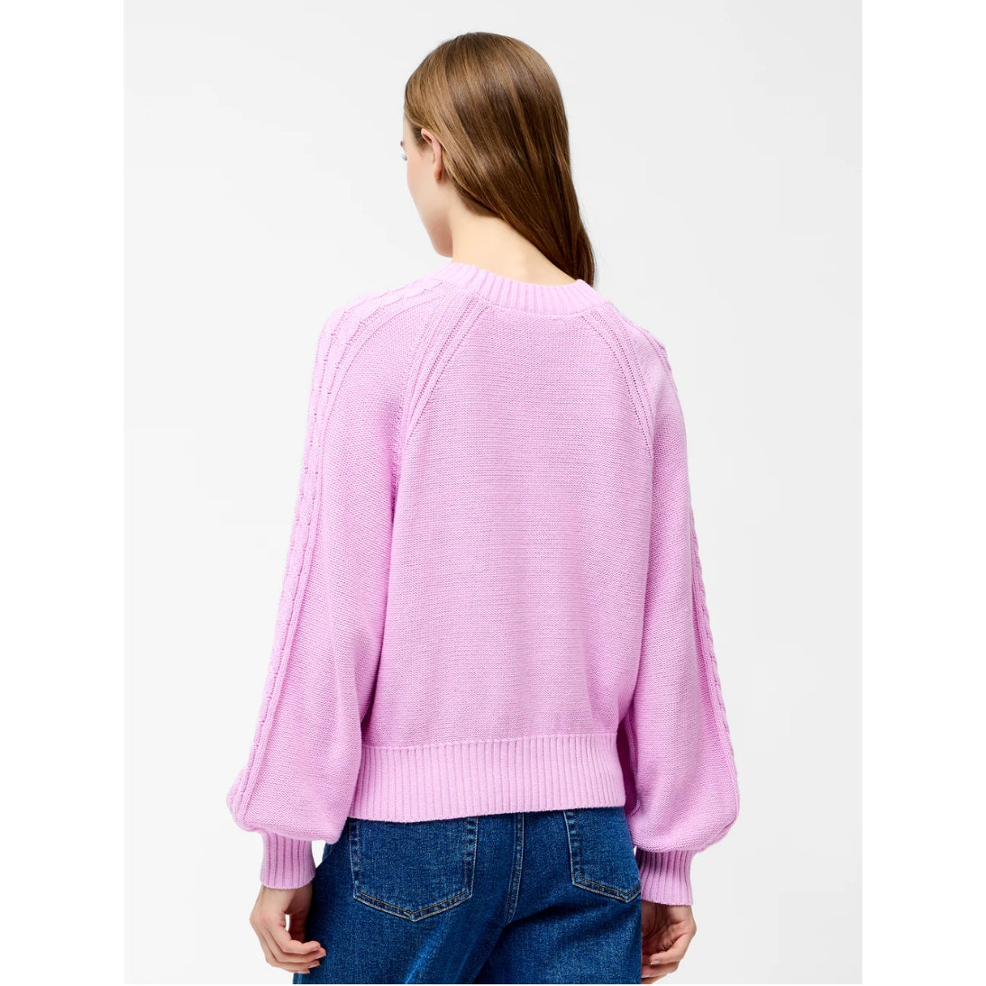 French Connection Lily Cable Knit Balloon Sleeve Jumper 78YAG Bubblegum Pink