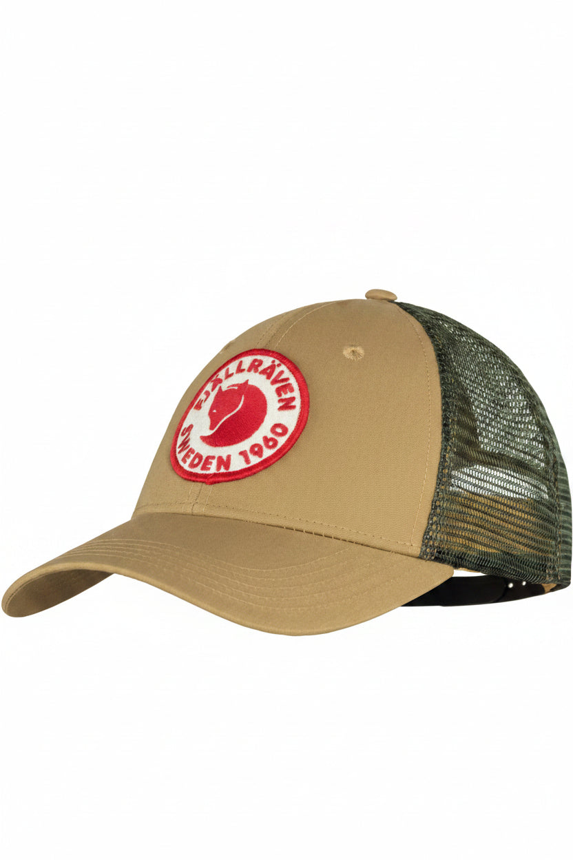 Beige cap with mesh back and red logo on a white background