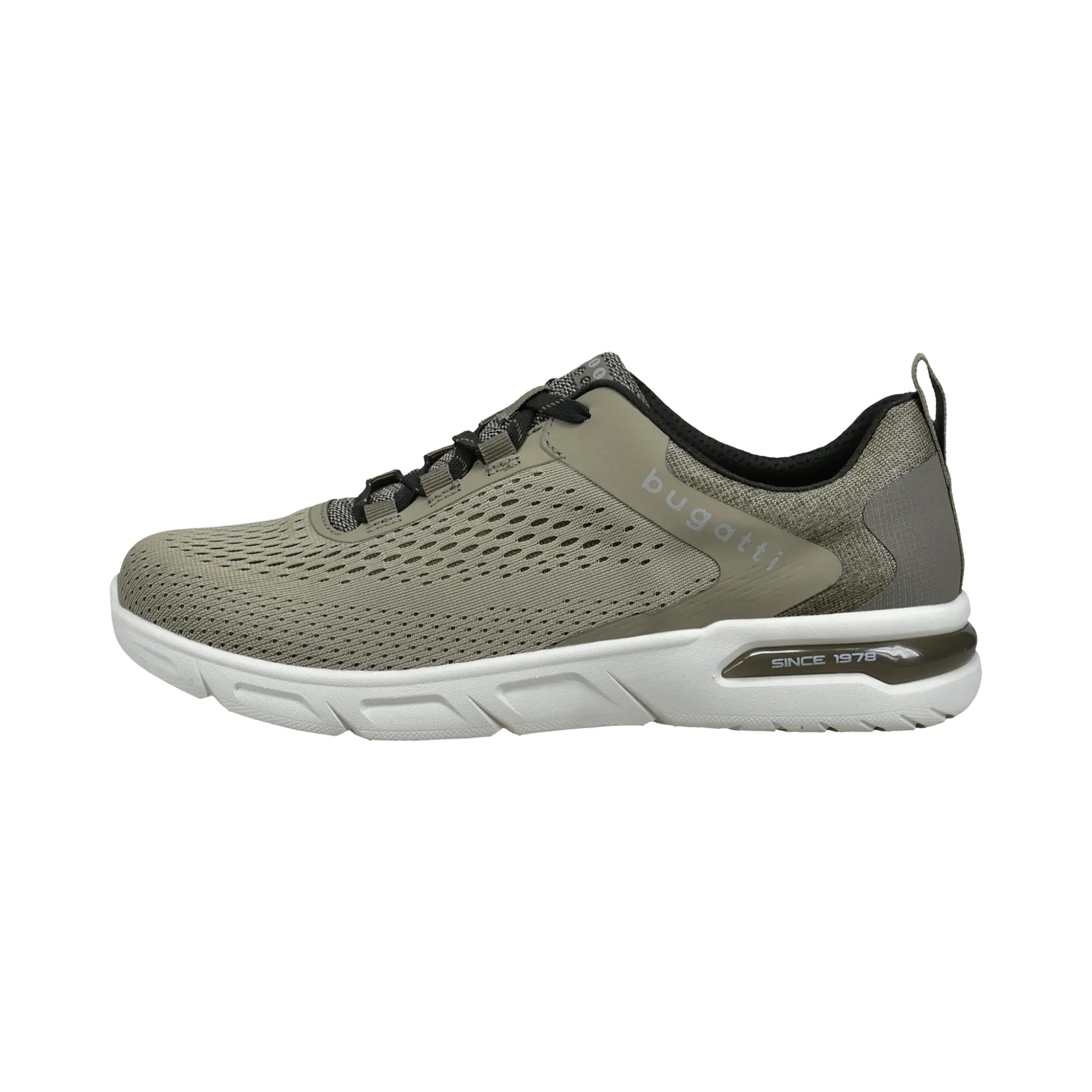 Sage green running shoe with white sole on a white background