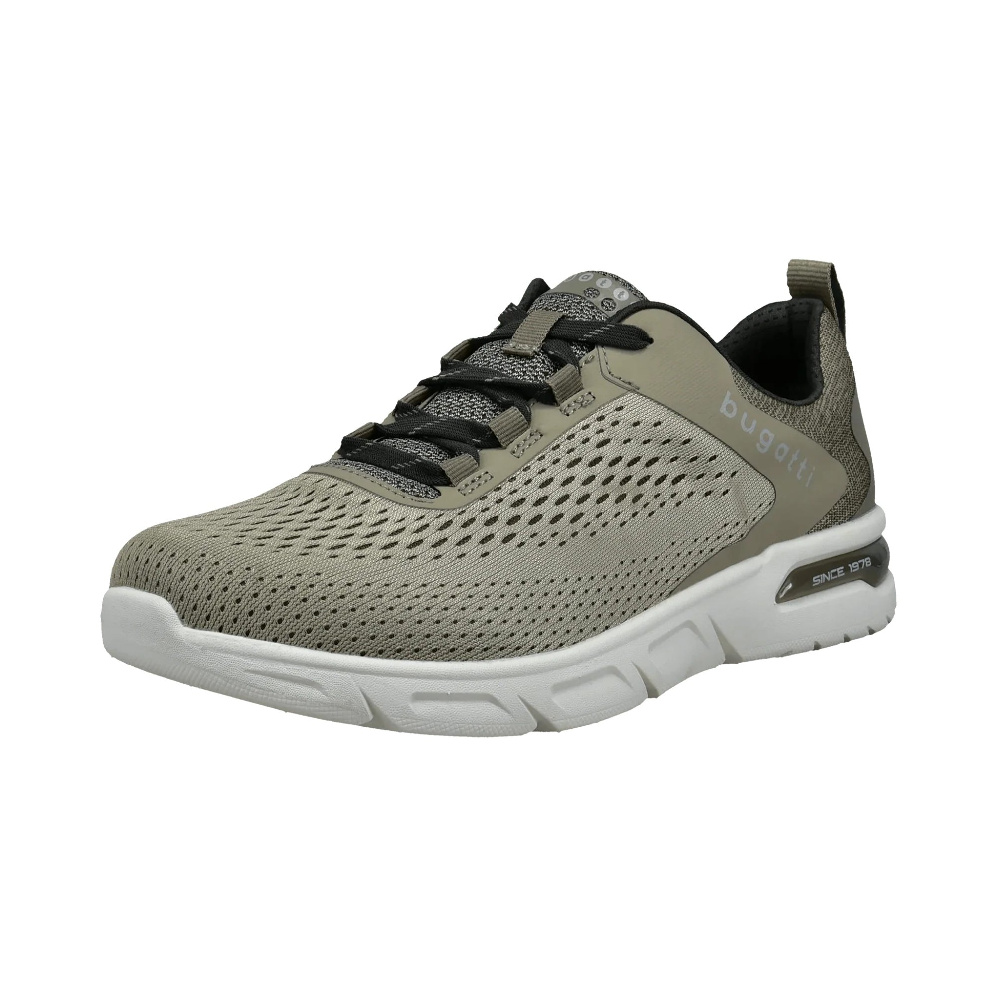 Green athletic shoe with black laces on a white background