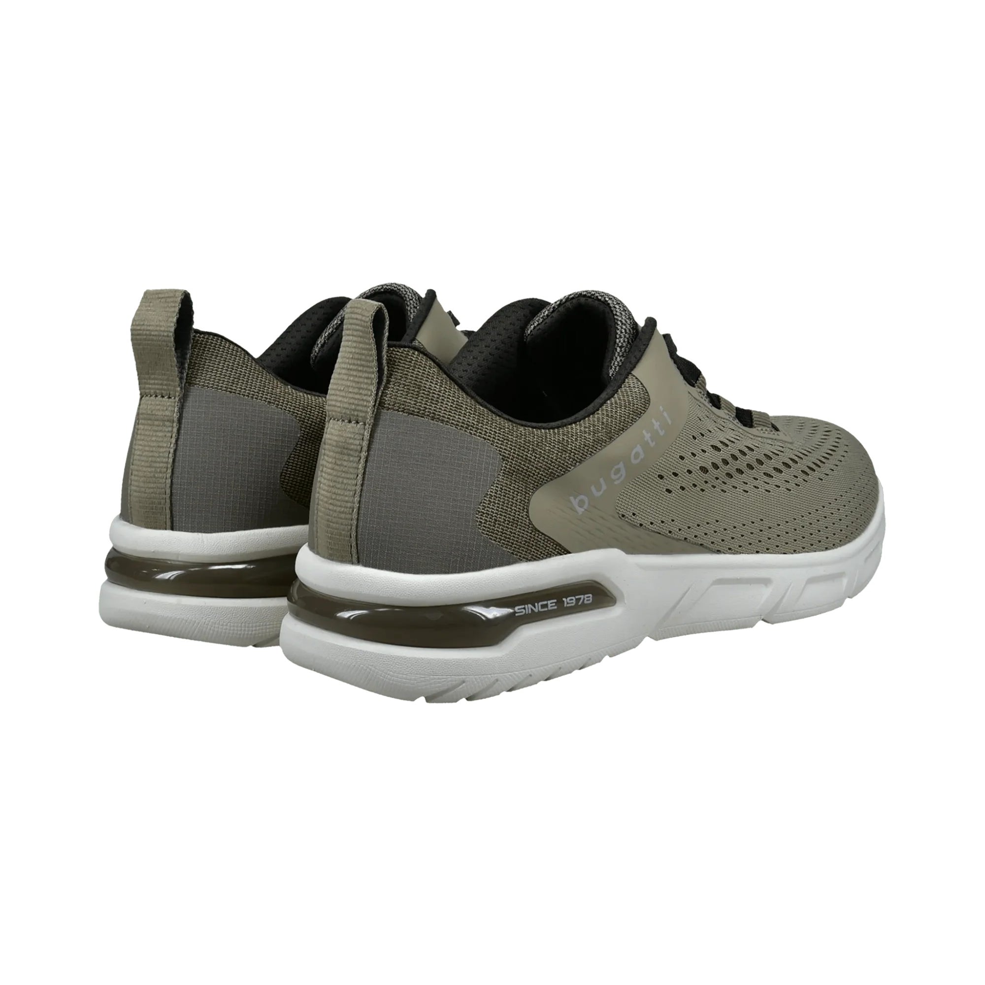 Pair of Sage green sneakers with white soles on a white background