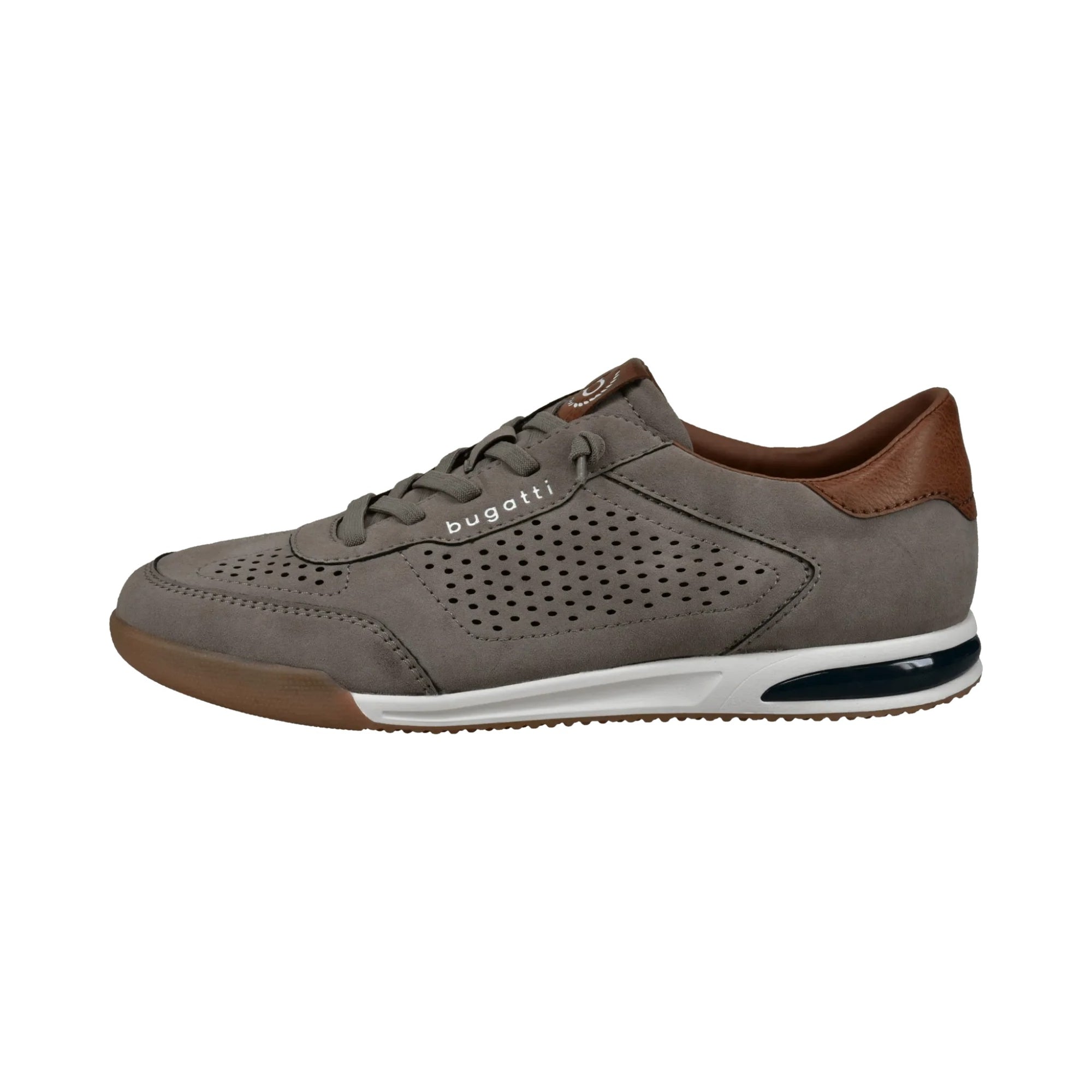 Gray sneaker with brown accents on a white background