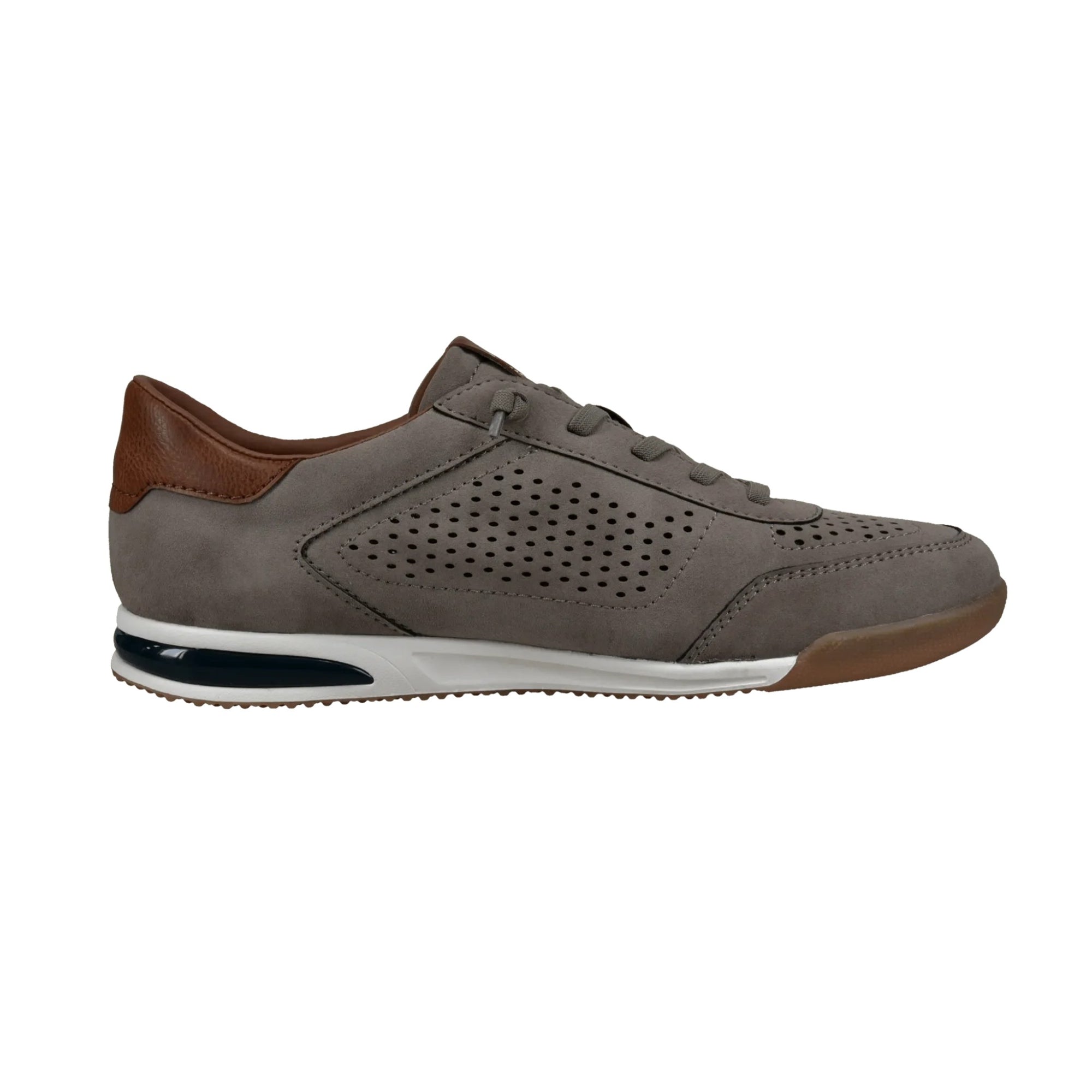 Gray sneaker with brown accents on a white background