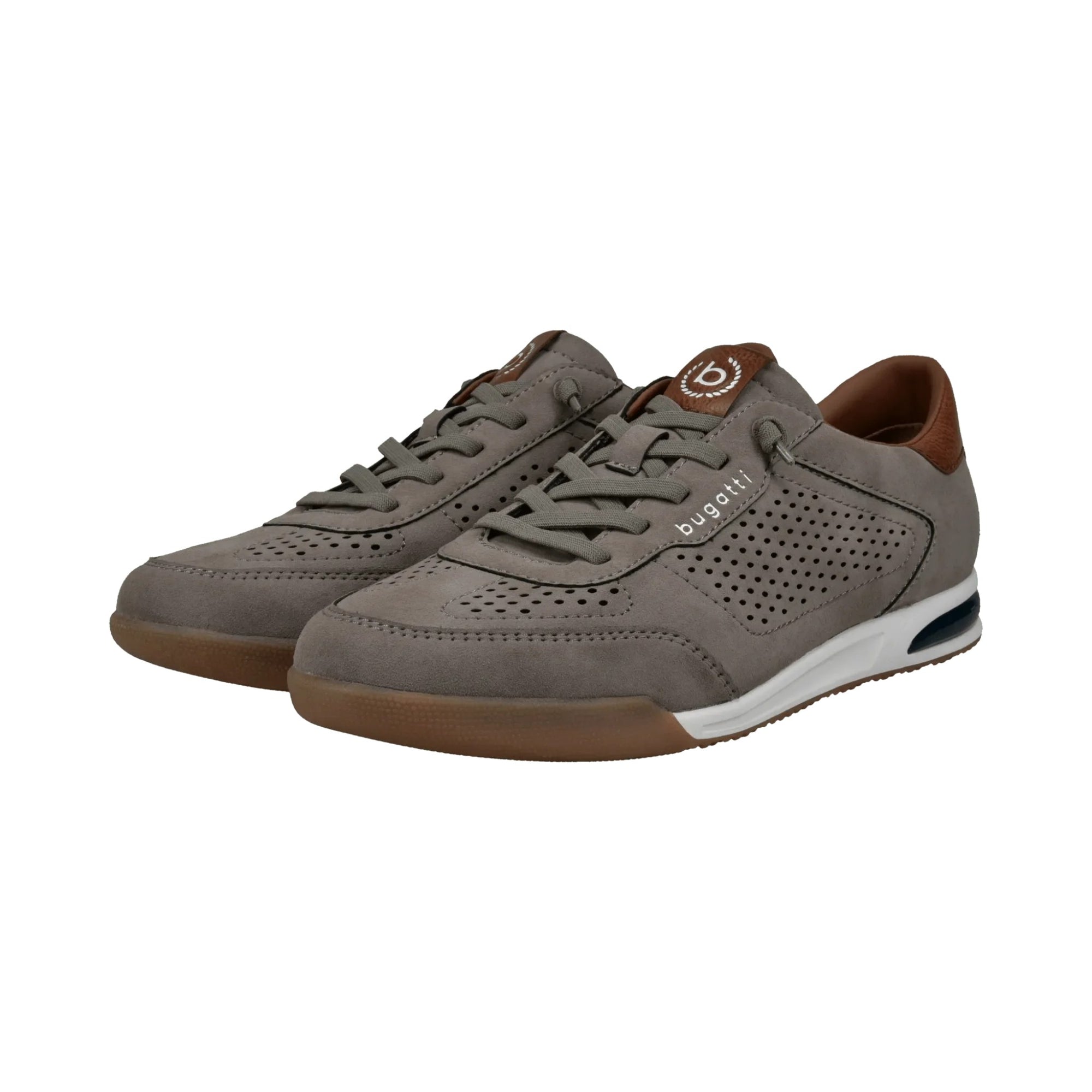 Pair of gray sneakers with brown accents on a white background