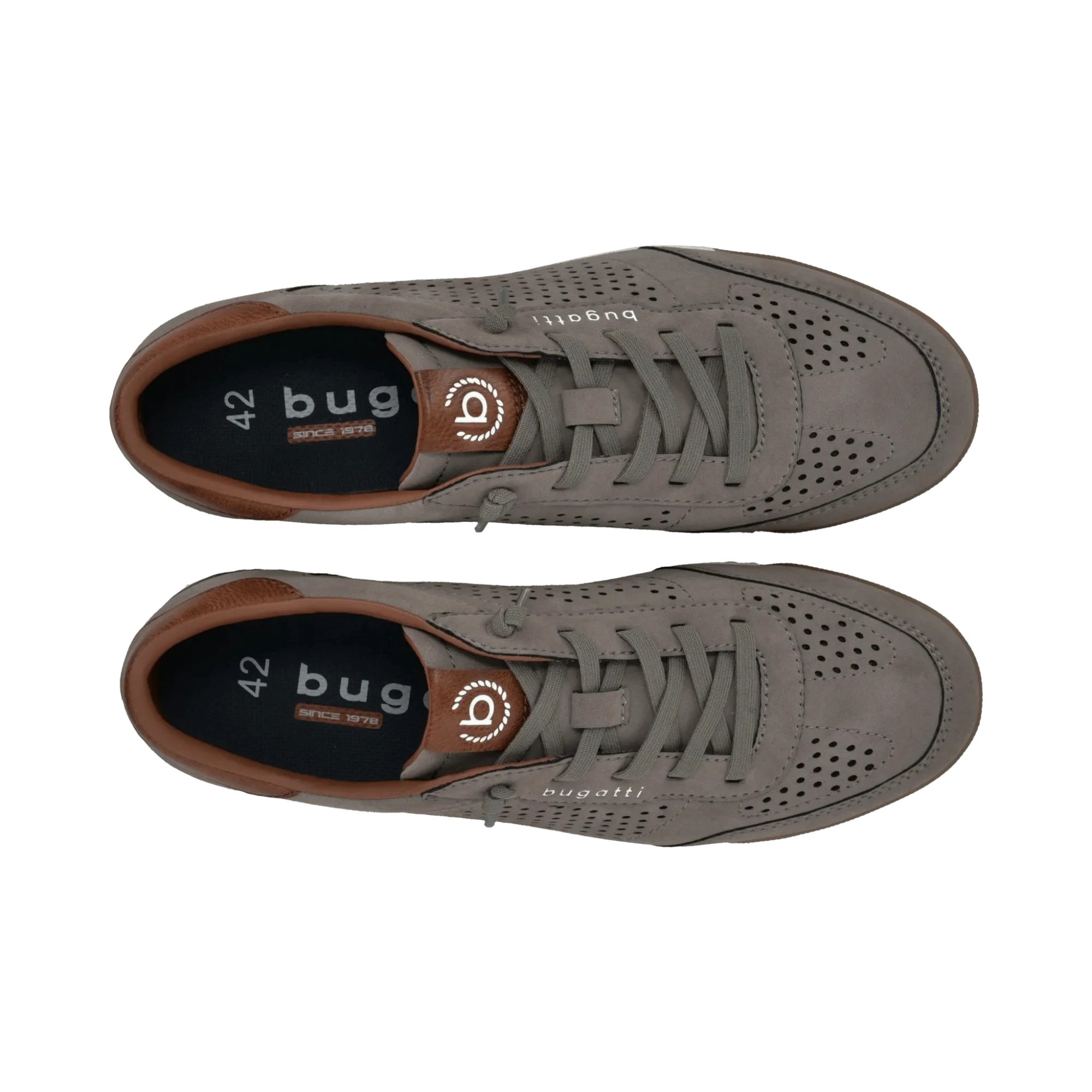Pair of gray sneakers with brown accents on a white background