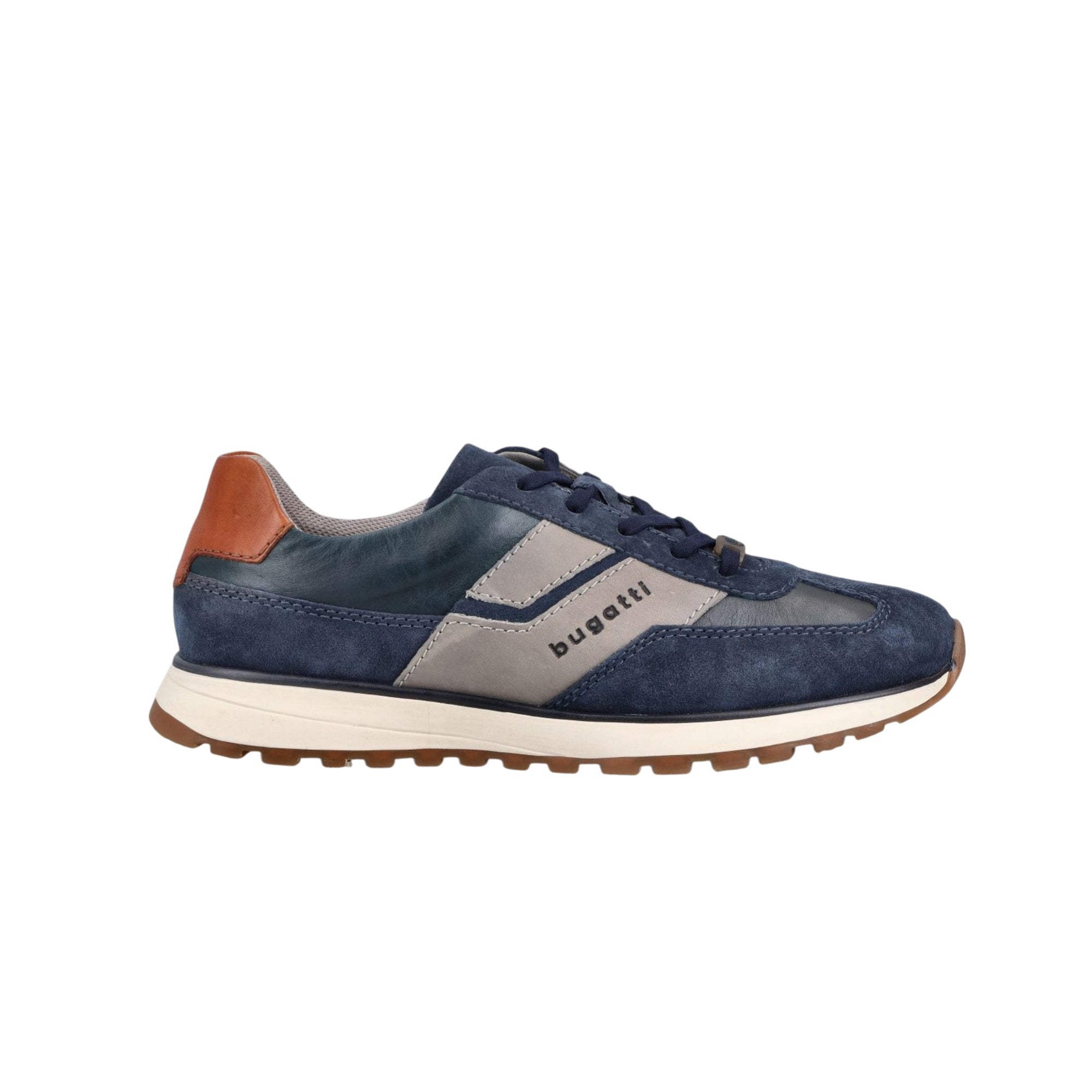 Blue sneaker with brown accents on a white background