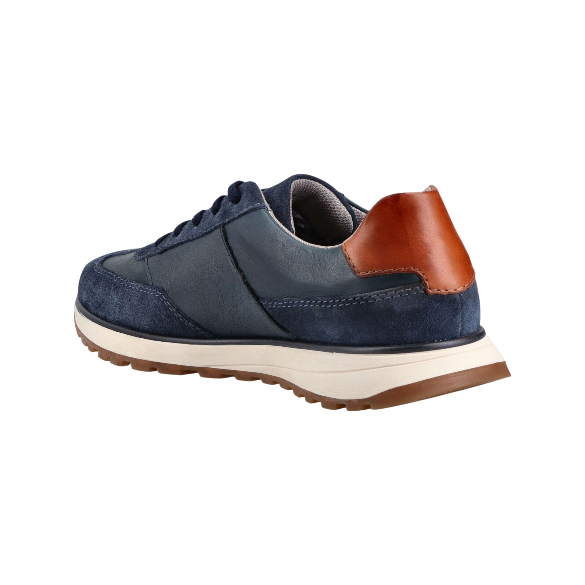 Navy blue sneaker with brown accents on a white background