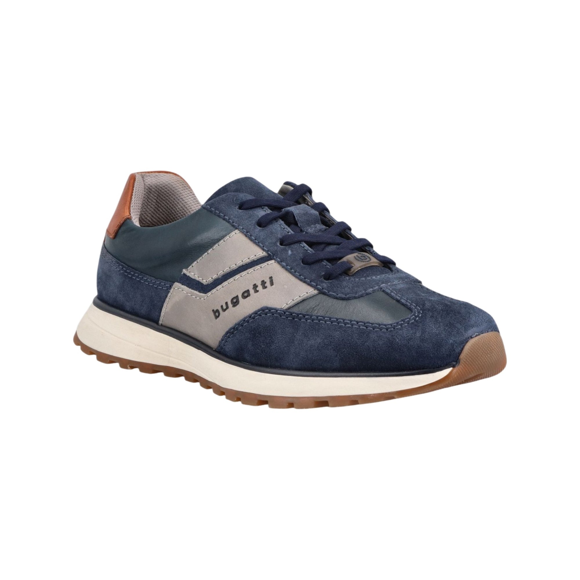 Blue sneaker with brown accents on a white background