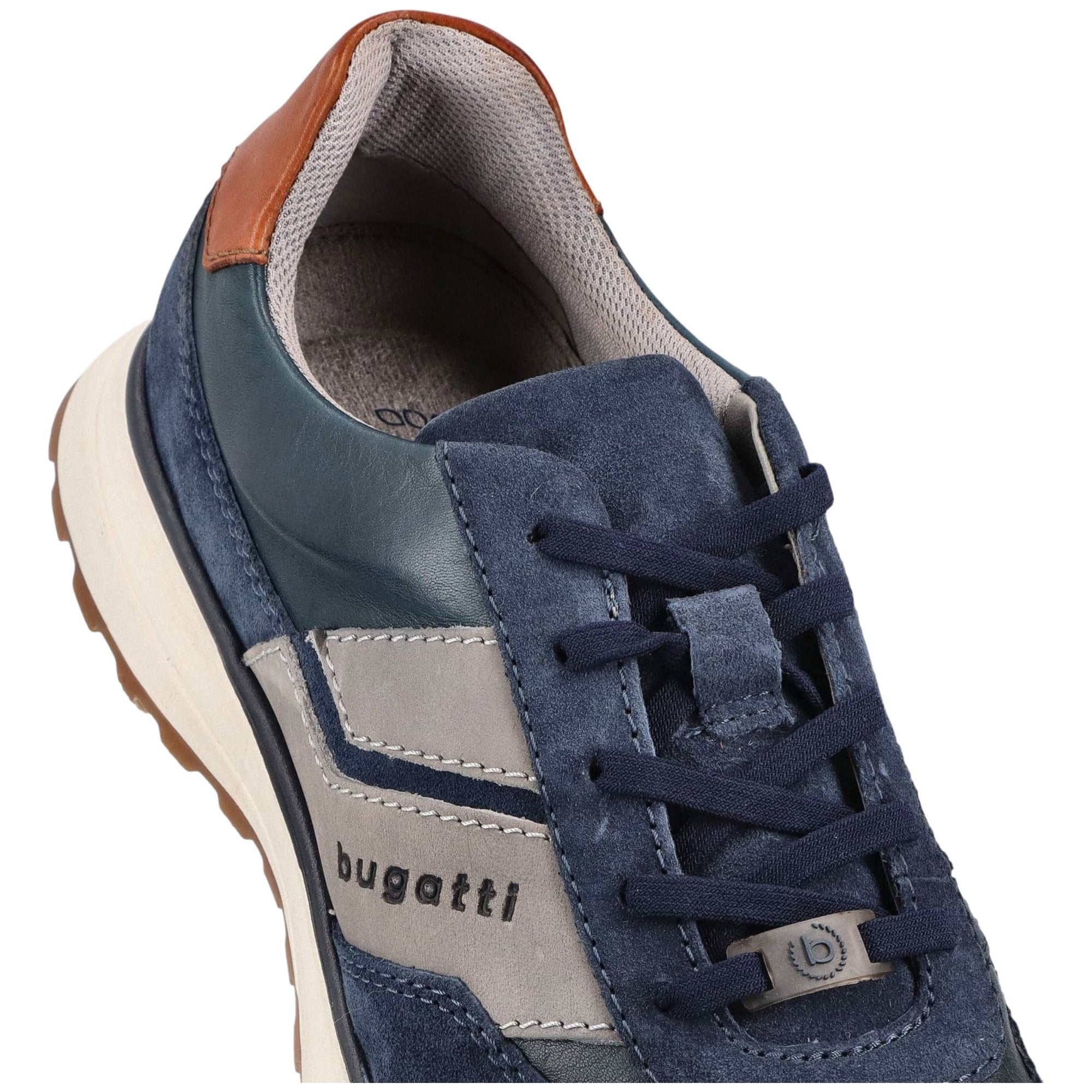 Blue and gray sneaker with brown accents on a white background