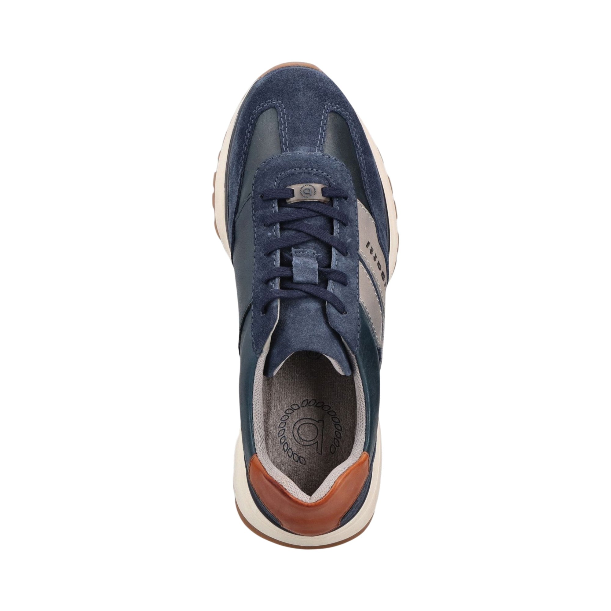 Blue sneaker with brown accent on a white background