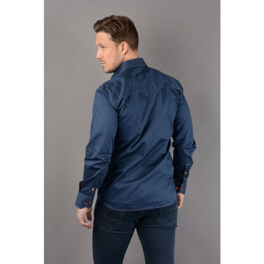 Claudio Lugli Pure Satin Cotton Shirt With Rainbow Stich Detail CP6746 Navy