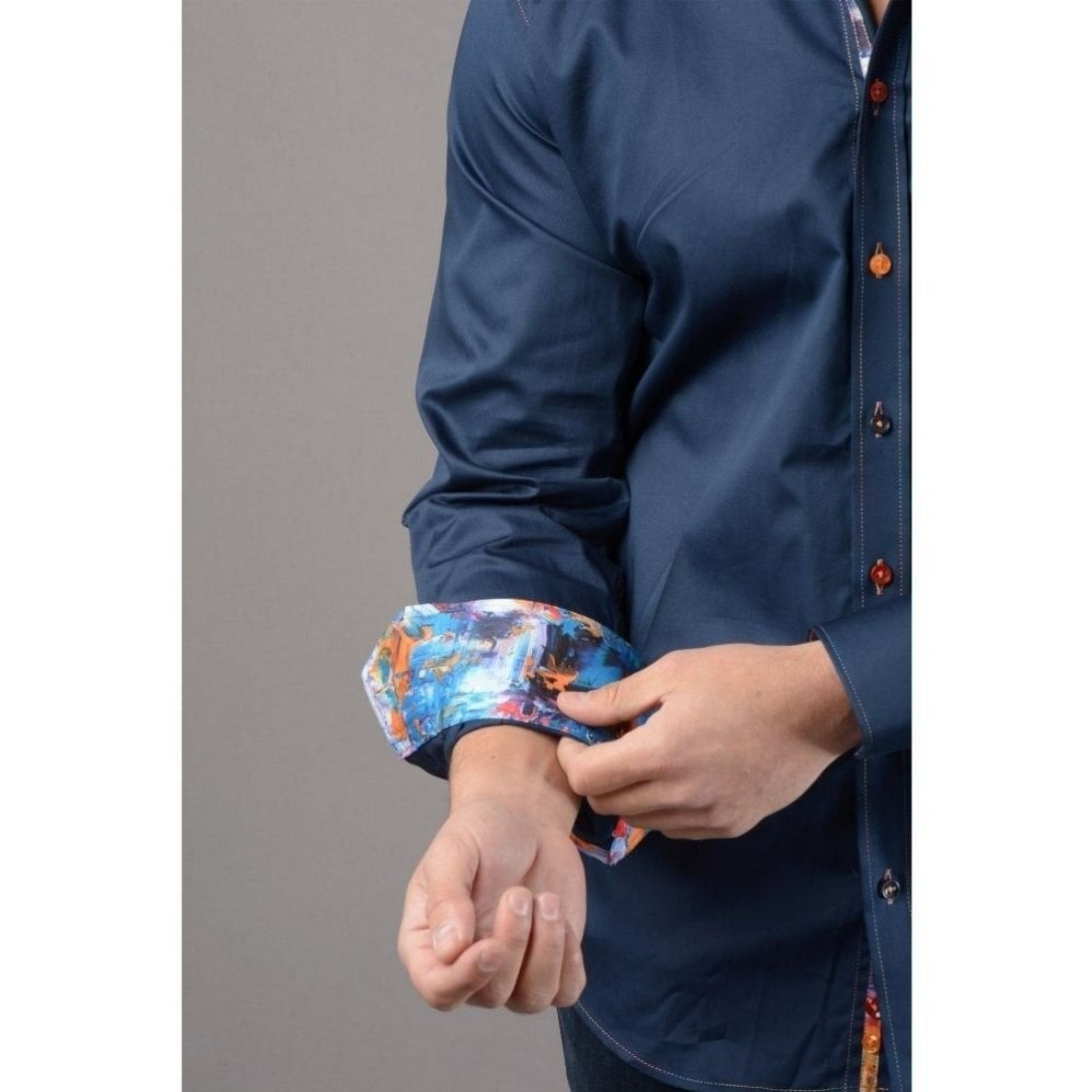 Claudio Lugli Pure Satin Cotton Shirt With Rainbow Stich Detail CP6746 Navy